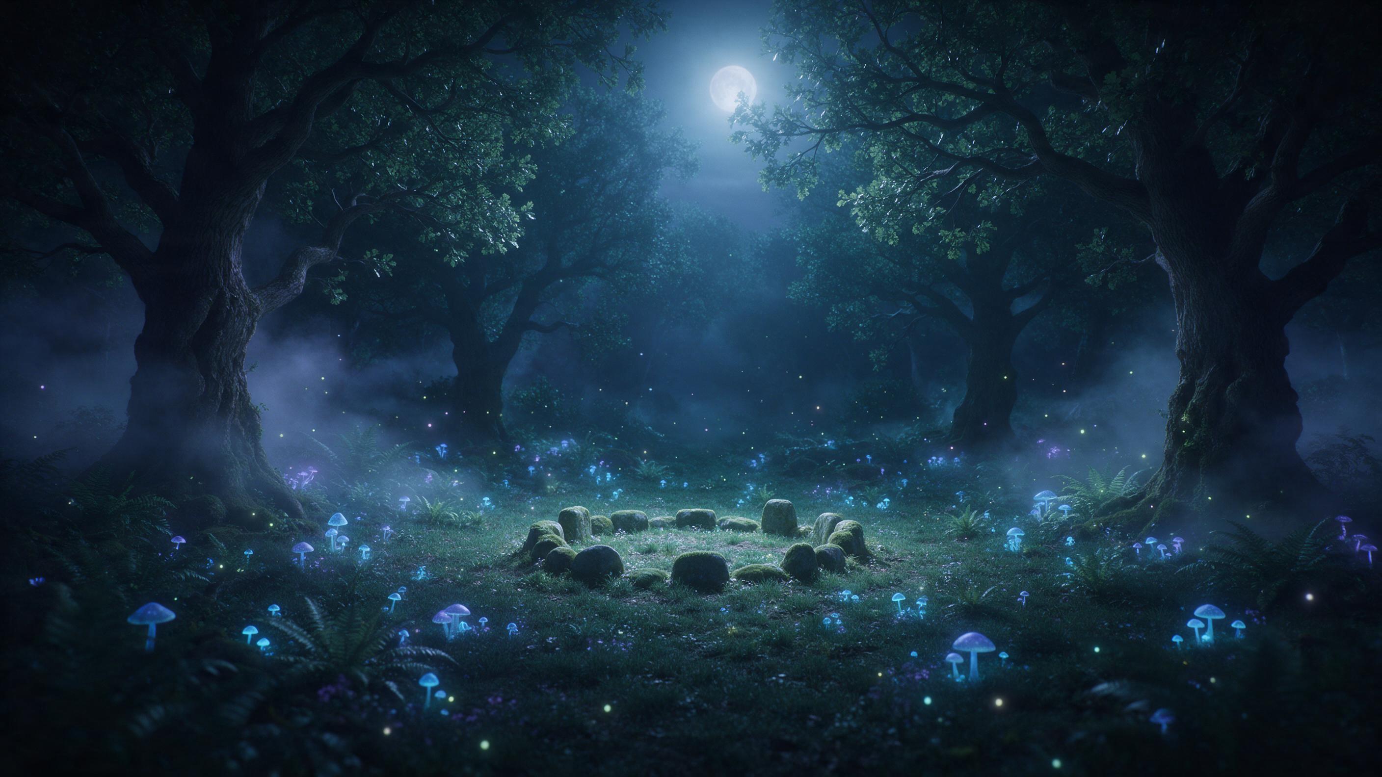 A moonlit enchanted forest clearing, bioluminescent blue mushrooms and ferns glowing softly, a small stone circle with moss, drifting fireflies, mist curling around ancient oak trunks, cool teal and violet palette, ethereal atmosphere, soft diffused moonlight from above, cinematic composition with f