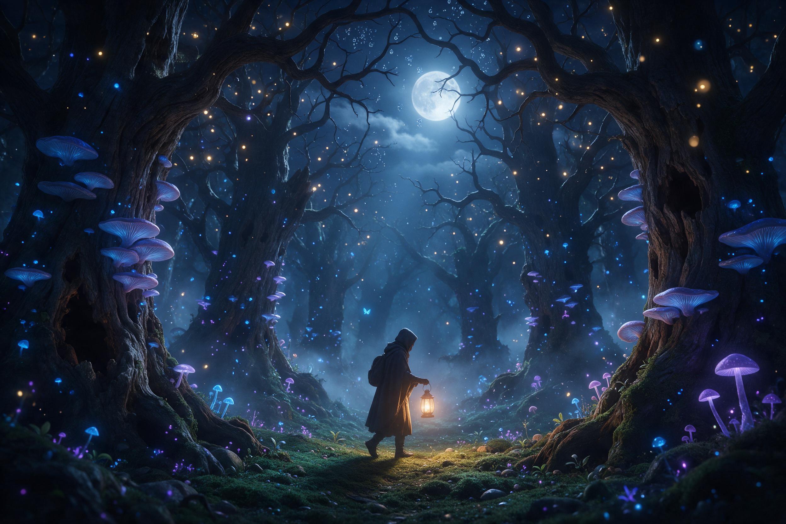 Moonlit glowing mushroom forest with bioluminescent blue and purple spores floating in the air. Silhouette of a small cloaked traveler holding a lantern, warm light spilling onto the mossy ground. Mist creeping between ancient hollow trunks, soft fireflies scattered within a canopy of twisted branch