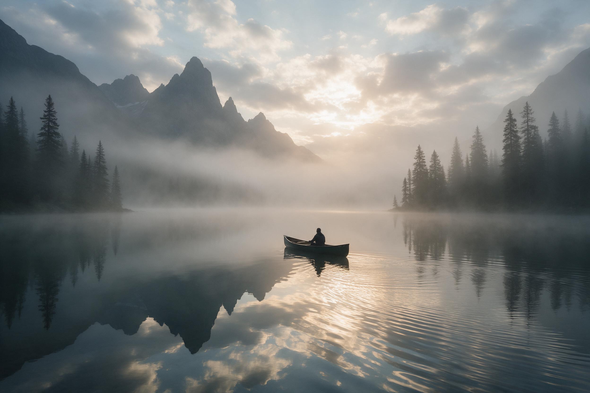 A misty alpine lake at dawn, mirrored reflections of jagged peaks, soft golden light breaking through scattered clouds, a lone canoe drifting on glassy water, surrounding pines veiled in fog, gentle ripples catching warm hues, serene atmosphere, crisp air and quiet stillness