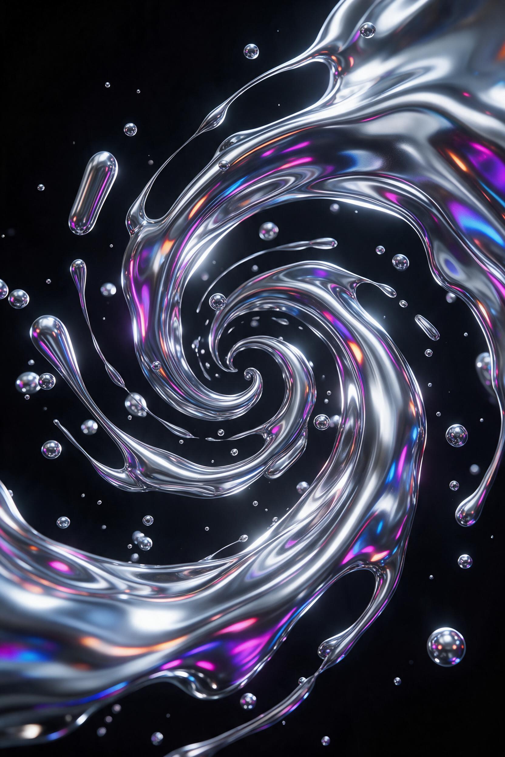 Flowing liquid metal forms frozen in mid-air, rippled chrome surfaces reflecting fractured neon light, deep black background, cinematic rim lighting, swirling composition, minimal negative space, subtle motion blur, high contrast