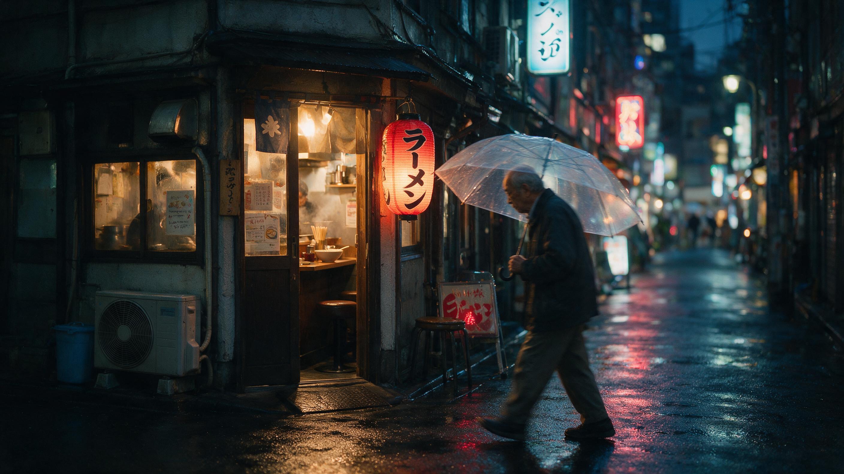 A quiet rainy evening on a narrow Tokyo street, neon signs reflecting on wet asphalt, an old man with a transparent umbrella walking past a tiny ramen shop, warm light spilling from the doorway, cinematic composition, shallow depth of field, subtle motion blur