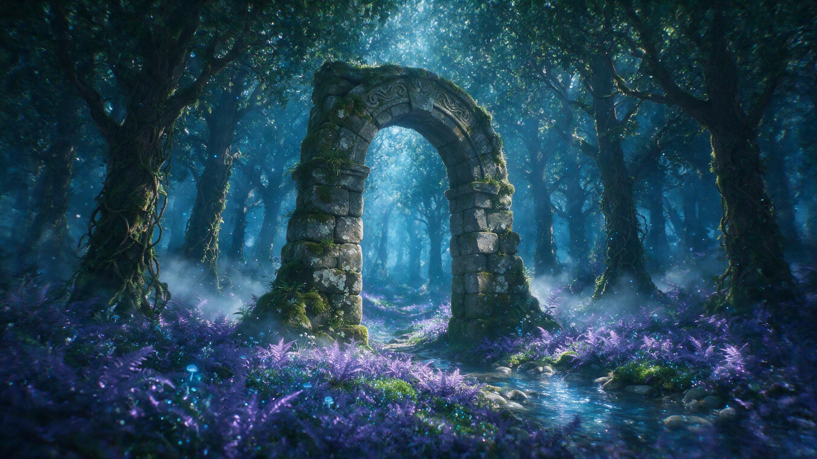An ancient, moss-covered stone archway stands alone in a misty, enchanted forest. Soft, ethereal blue light filters through the dense canopy above, illuminating tiny glowing spores floating in the air. The ground is covered in a thick bed of luminous, violet ferns. Slight camera shake from a long ex