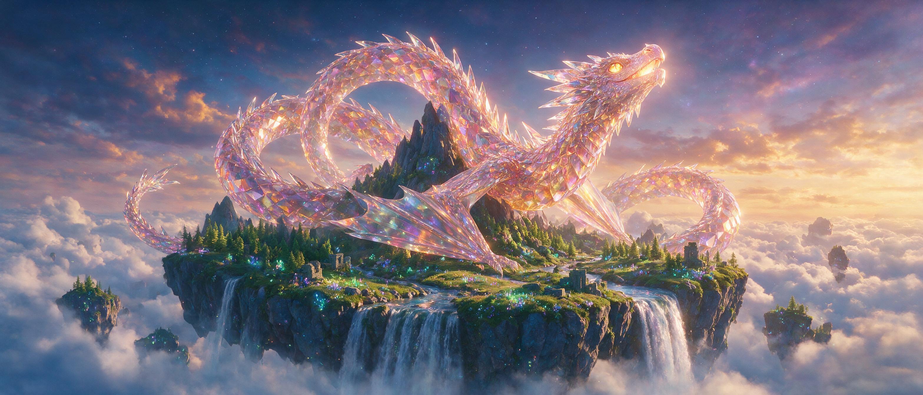 A glowing crystal dragon coiled around a floating island, its scales refracting twilight colors, waterfalls cascading into misty clouds below, soft bioluminescent flora, cinematic rim lighting, wide-angle view, dreamy atmosphere, no text.