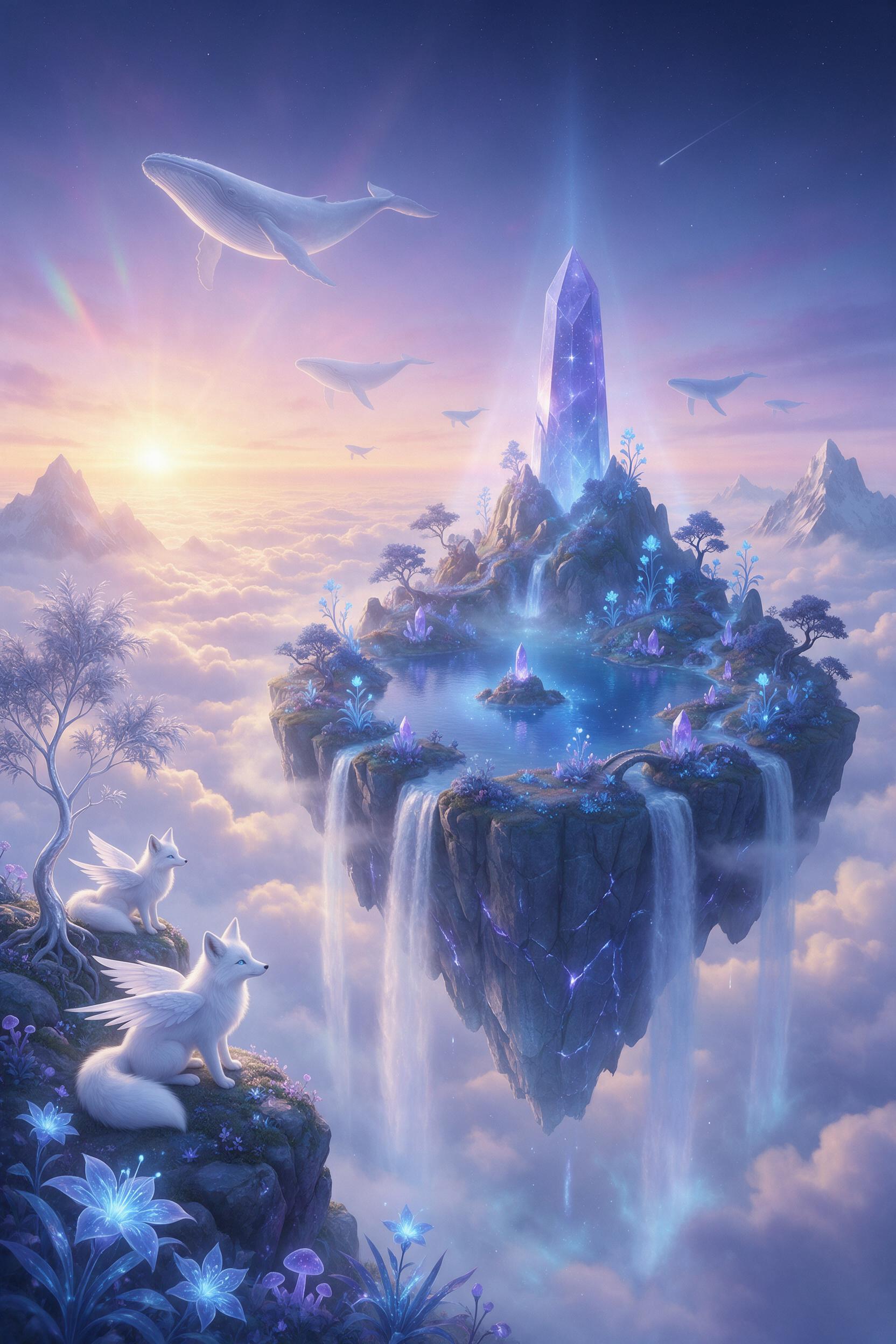 A luminous floating island with a crystal spire, waterfalls cascading into clouds, bioluminescent plants glowing soft blue and violet, two winged foxes perched near a silver tree, dawn light breaking over distant flying whales, soft mist and lens flare, ethereal dreamlike atmosphere