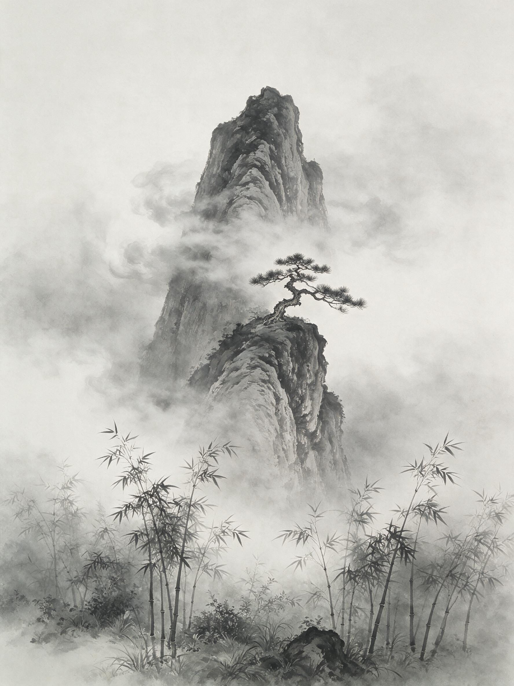 Ink wash painting of a solitary mountain peak piercing through misty clouds, with a single pine tree clinging to the cliffside, bamboo grove in foreground, soft gray wash tones, subtle brushstroke texture, negative space composition, evoking ancient Chinese landscape poetry
