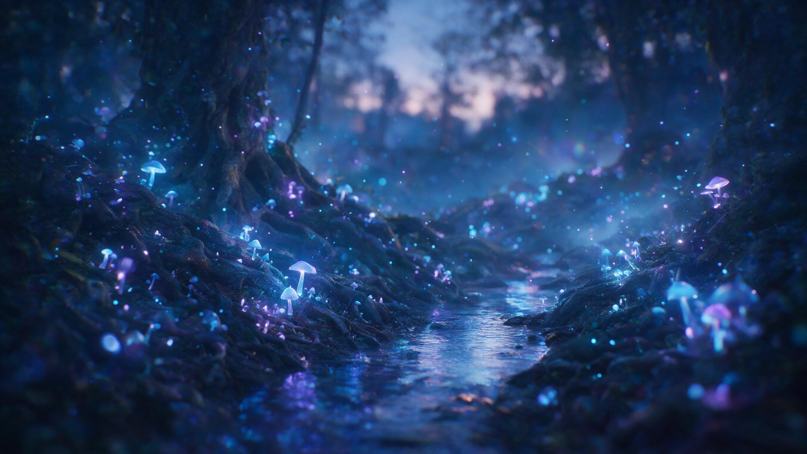 A luminous bioluminescent forest at twilight, glowing mushrooms and floating spore particles in soft blue and violet hues, ancient gnarled tree roots winding through a misty glade, a gentle stream reflecting the ethereal light, dreamlike atmosphere with soft focus and subtle lens flare, shallow dept