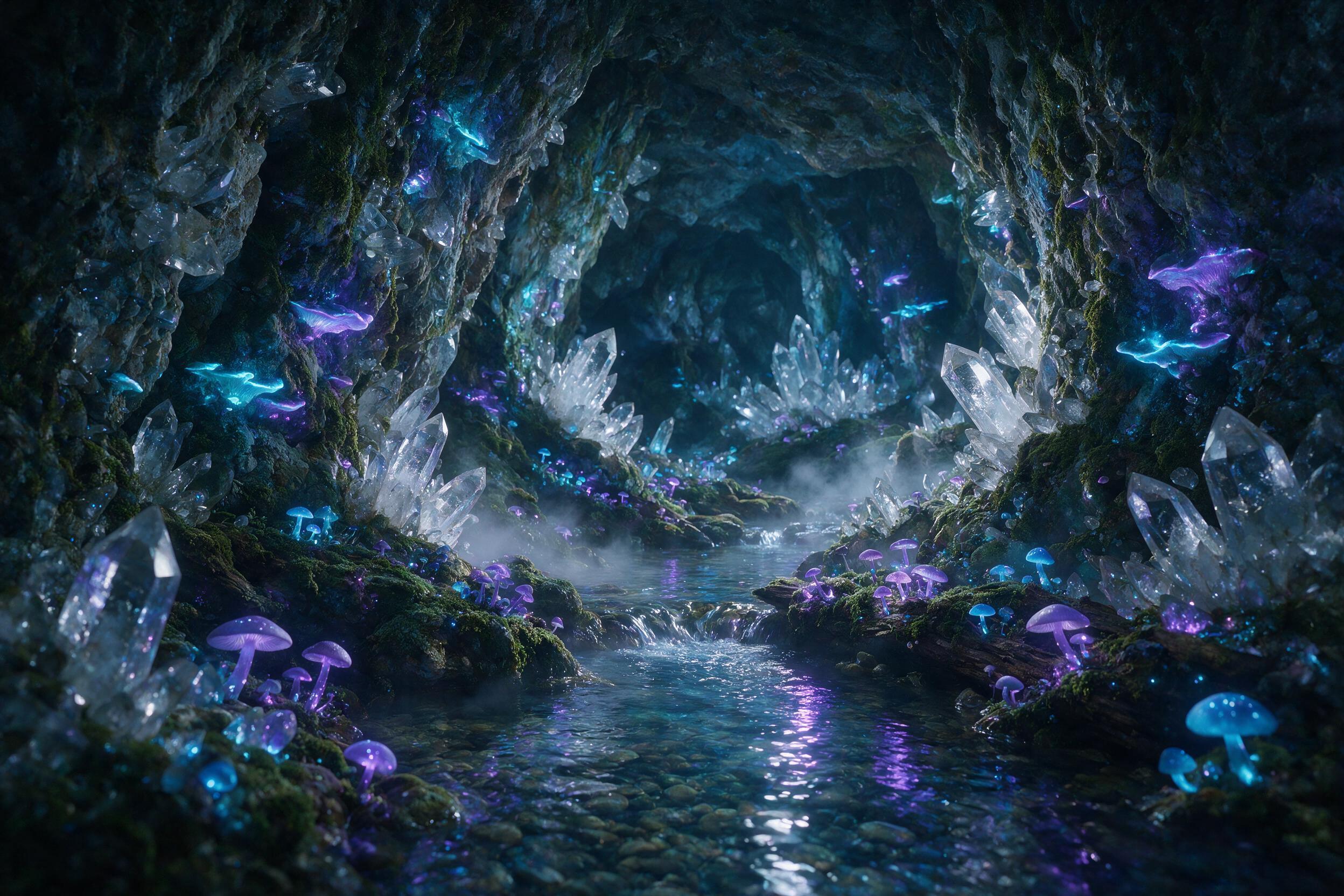 A glowing crystal cave deep underground, with bioluminescent fungi casting soft blue and purple light on jagged quartz formations. A small stream reflects the ethereal glow, mist rising gently. Foreground sharp, background slightly blurred with depth of field, natural cave texture.