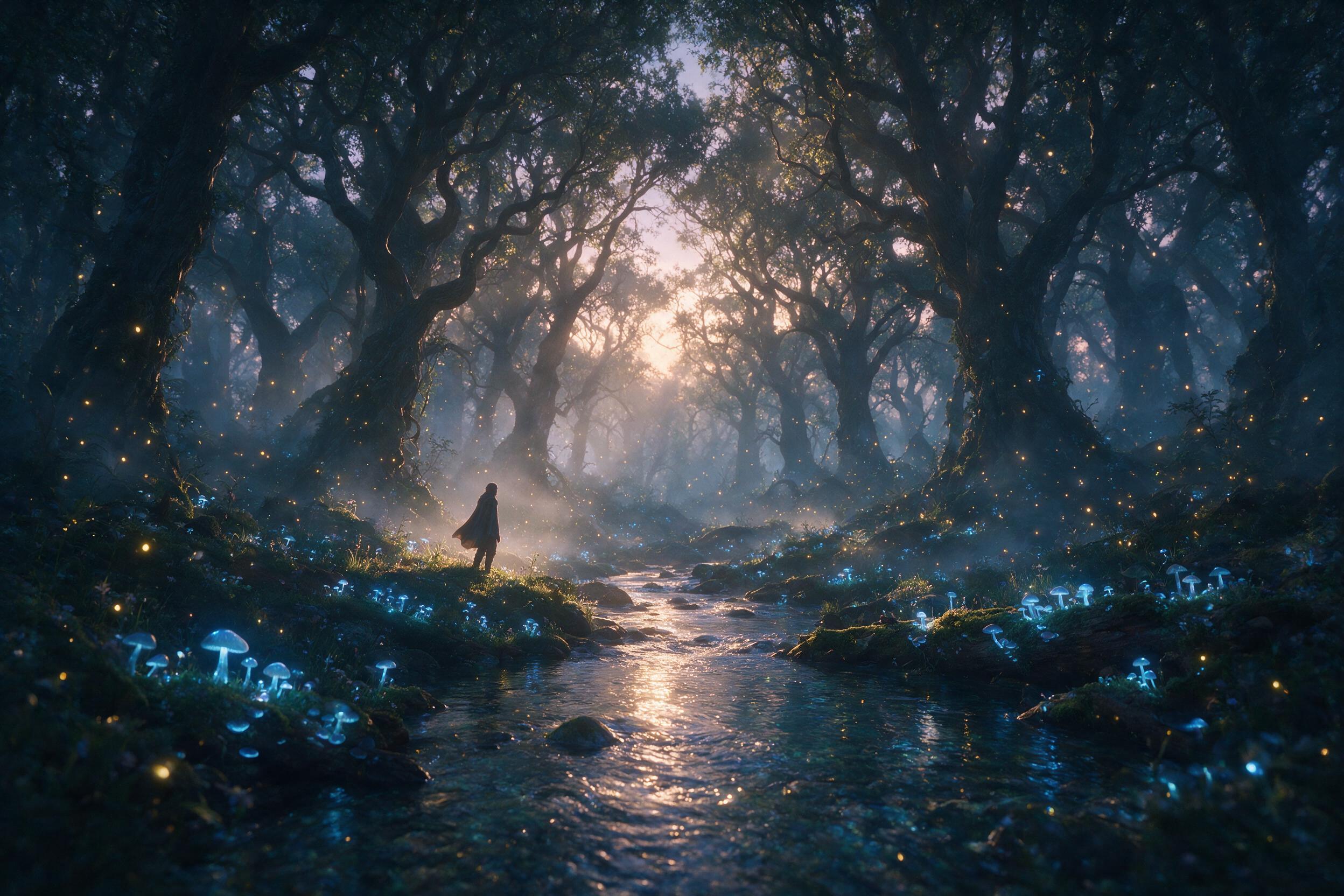 A mystical forest at twilight, glowing mushrooms casting soft blue light, a lone figure in a flowing cloak stands by a crystal-clear stream, fireflies dotting the air, mist weaving through ancient trees, soft golden hour light filtering through canopy, shallow depth of field, cinematic composition