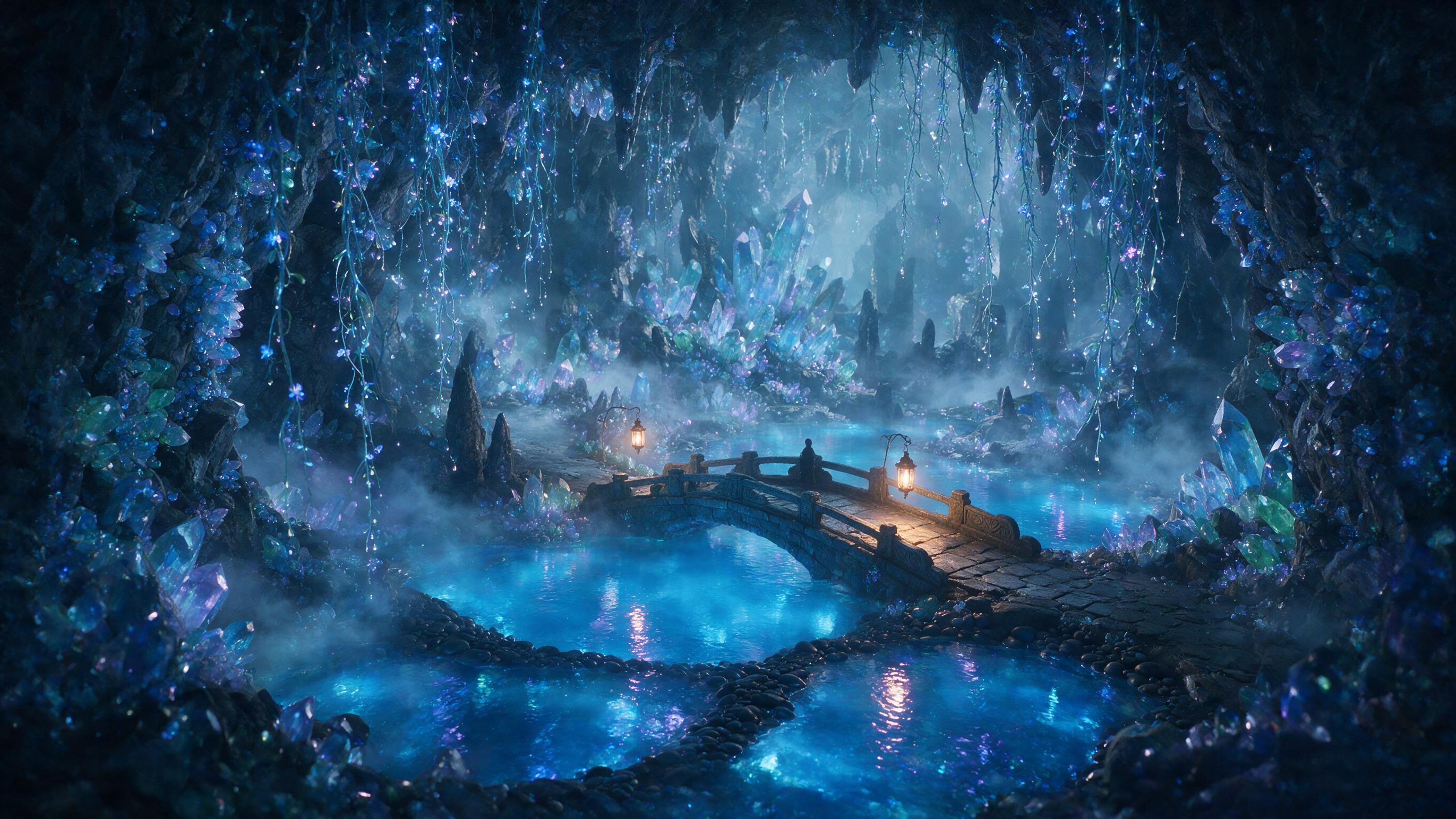A luminous crystal cave deep underground, bioluminescent vines hanging from jagged rock ceiling, glowing blue pools reflecting soft light, ethereal mist swirling, single figure in silhouette standing on a stone bridge, warm amber lantern light, surreal dreamlike atmosphere, cinematic composition, su