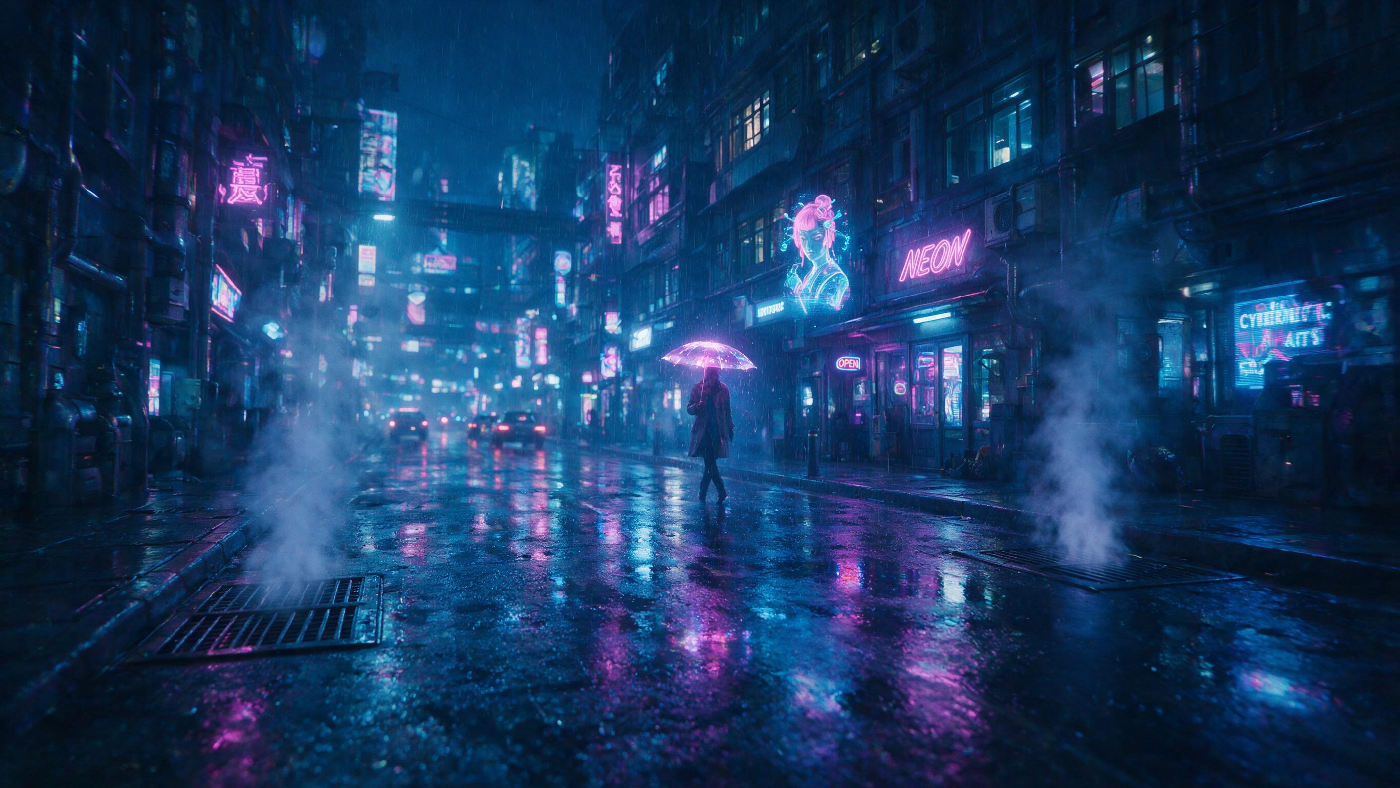 A neon-lit cyberpunk alleyway at midnight, rain-slicked asphalt reflecting holographic advertisements, a lone figure in a trench coat with a glowing umbrella, steam rising from vents, cinematic composition, shallow depth of field, cool blue and magenta tones, slight motion blur.
