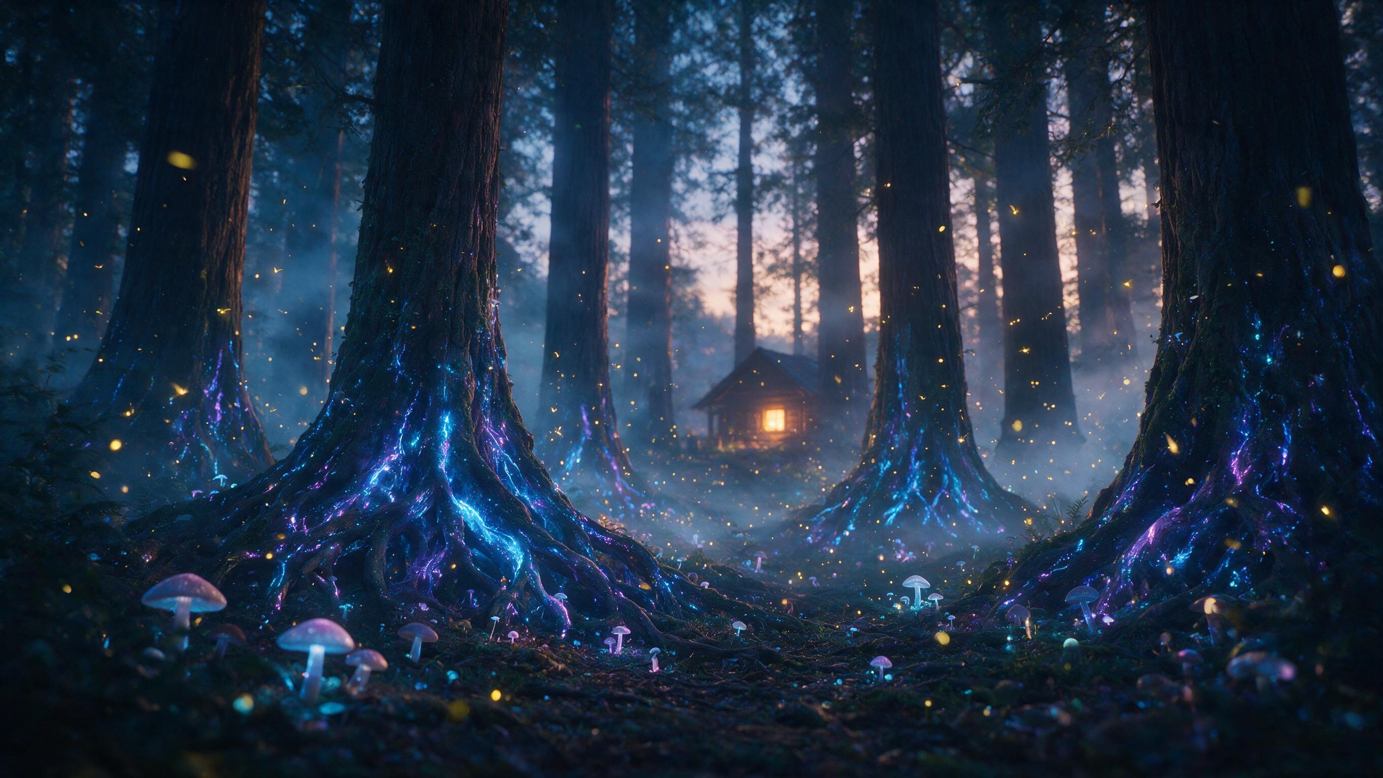 A luminous forest at twilight, towering ancient trees with bioluminescent blue and purple roots, glowing mushrooms scatter the ground, soft mist weaves through the trunks, golden fireflies dance in the air, warm amber light from a distant cabin window, depth of field with foreground in focus, ethere