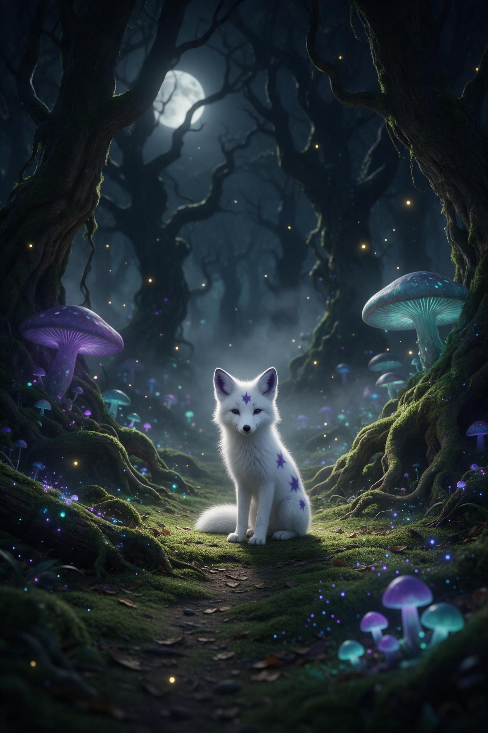 A moonlit bioluminescent forest where giant glowing mushrooms cast soft teal and purple light on a winding mossy path, a small white fox with star-shaped markings sits at the center, mist weaving between ancient twisted trees, fireflies drifting in the air, serene and magical atmosphere, shallow dep