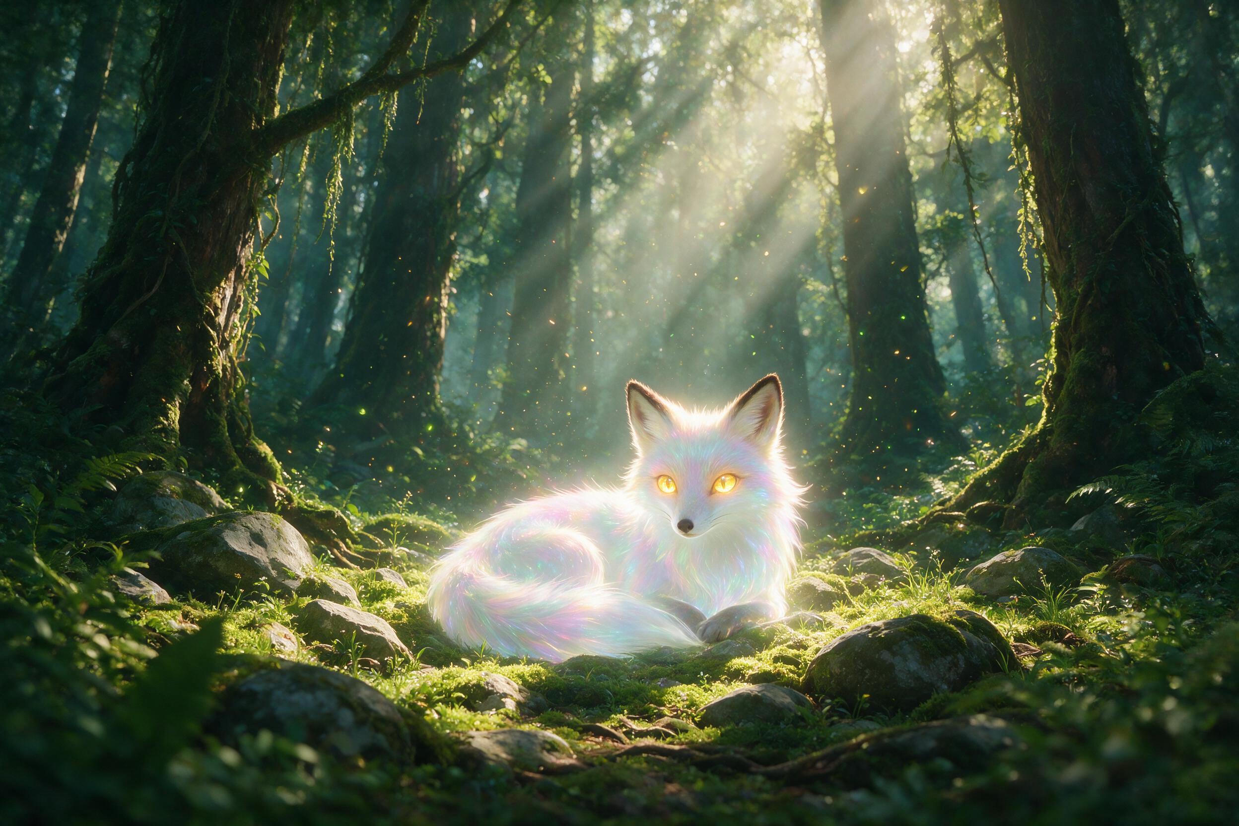 A sunlit ancient forest glade, where a translucent, glowing spirit fox with iridescent fur curls among mossy stones. Soft god rays pierce the canopy, casting dappled light on floating pollen. Wide-angle composition, shallow depth of field, sharp focus on the fox's luminous eyes. Natural color gradin