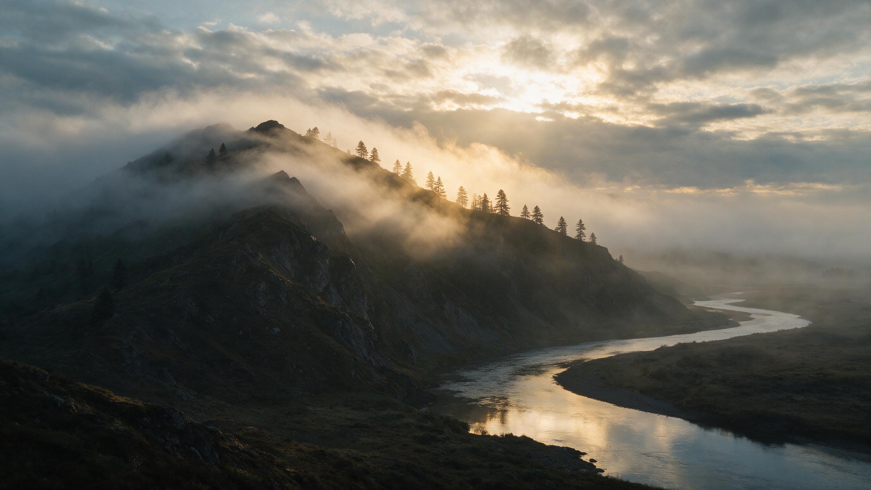 Mist rolls over a rugged mountain ridge at dawn, golden light piercing through clouds, pine trees silhouetted, a winding river reflecting the sky, subtle haze, natural color palette, wide-angle composition.