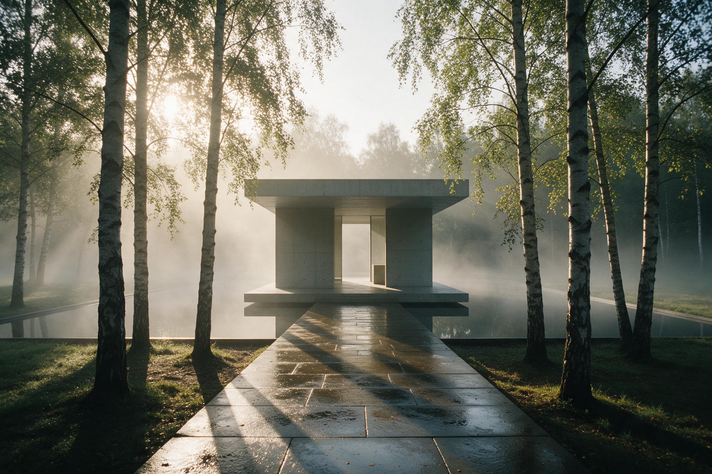 A minimalist concrete pavilion floating on a still reflecting pool, surrounded by dense morning mist, soft golden light piercing through tall birch trees, long shadows on wet stone path, subtle grain, architectural photography, serene atmosphere