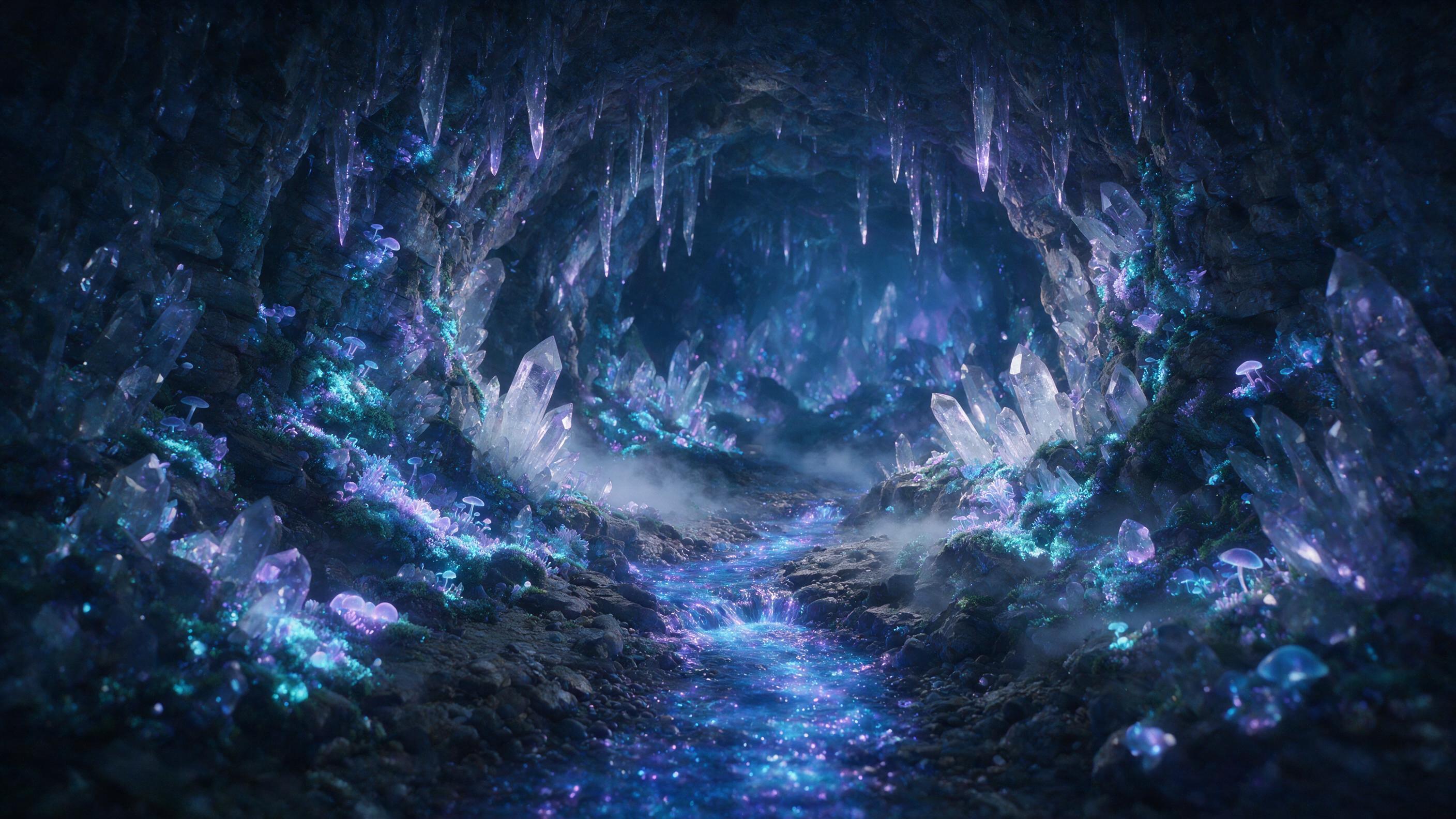 A luminous crystal cave deep underground, bioluminescent moss and fungi casting soft blue and purple light on jagged quartz formations, a small stream of glowing water winding through the cavern floor, mist rising, ethereal atmosphere, cinematic composition with deep shadows, natural ambient lightin