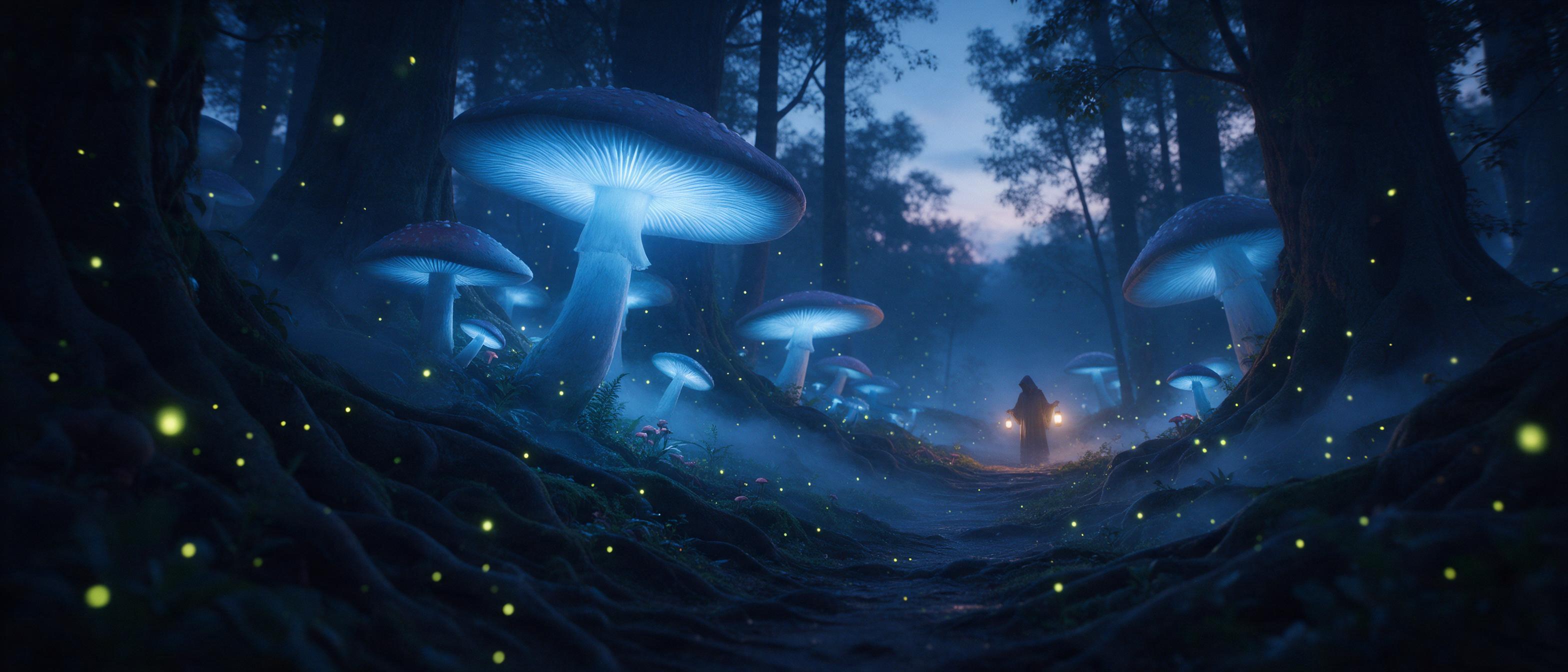 An ethereal forest at twilight, colossal glowing mushrooms casting soft blue light onto a winding path, fireflies drifting in slow motion, mist curling between ancient roots, a lone hooded figure with a lantern in the distance, cinematic composition, shallow depth of field, warm lantern light contra