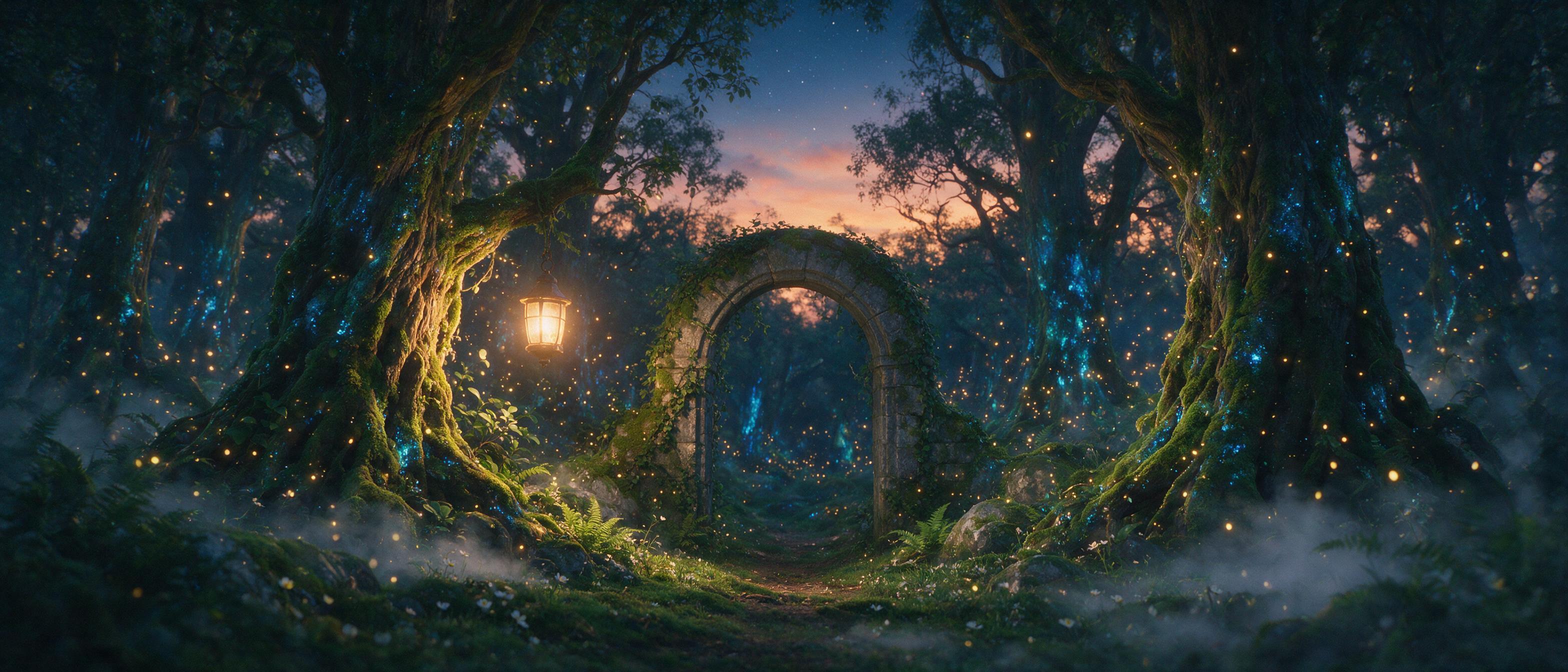 An ethereal forest at twilight, ancient trees with glowing blue moss, fireflies drifting in spirals, a stone archway half-hidden by ivy, soft mist curling around roots, warm amber light from a lantern hanging on a branch, dreamy atmosphere, slight film grain