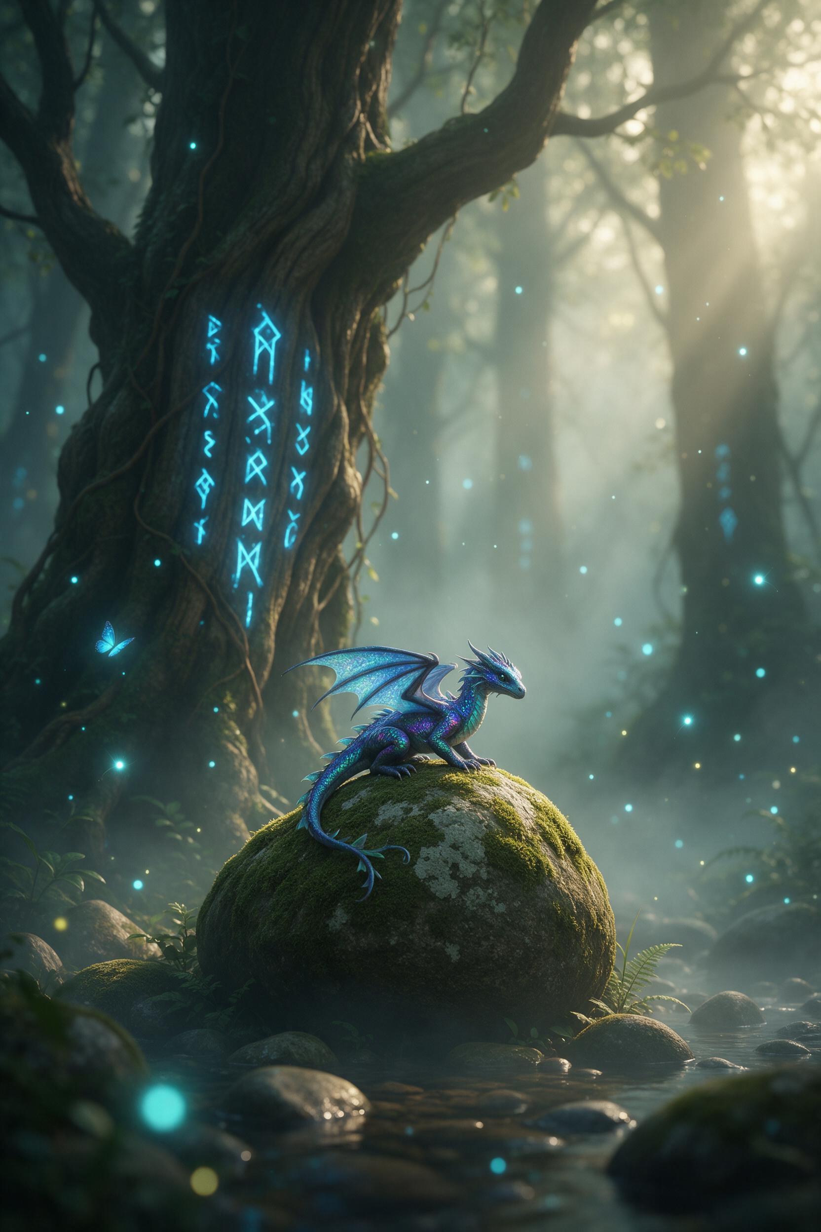 A misty emerald forest at dawn, ancient gnarled trees with glowing blue runes carved into bark, a tiny dragon with iridescent scales perches on a mossy stone, soft god rays pierce through fog, ethereal fireflies drift in the air, shallow depth of field, muted earthy tones with vibrant cyan accents, 