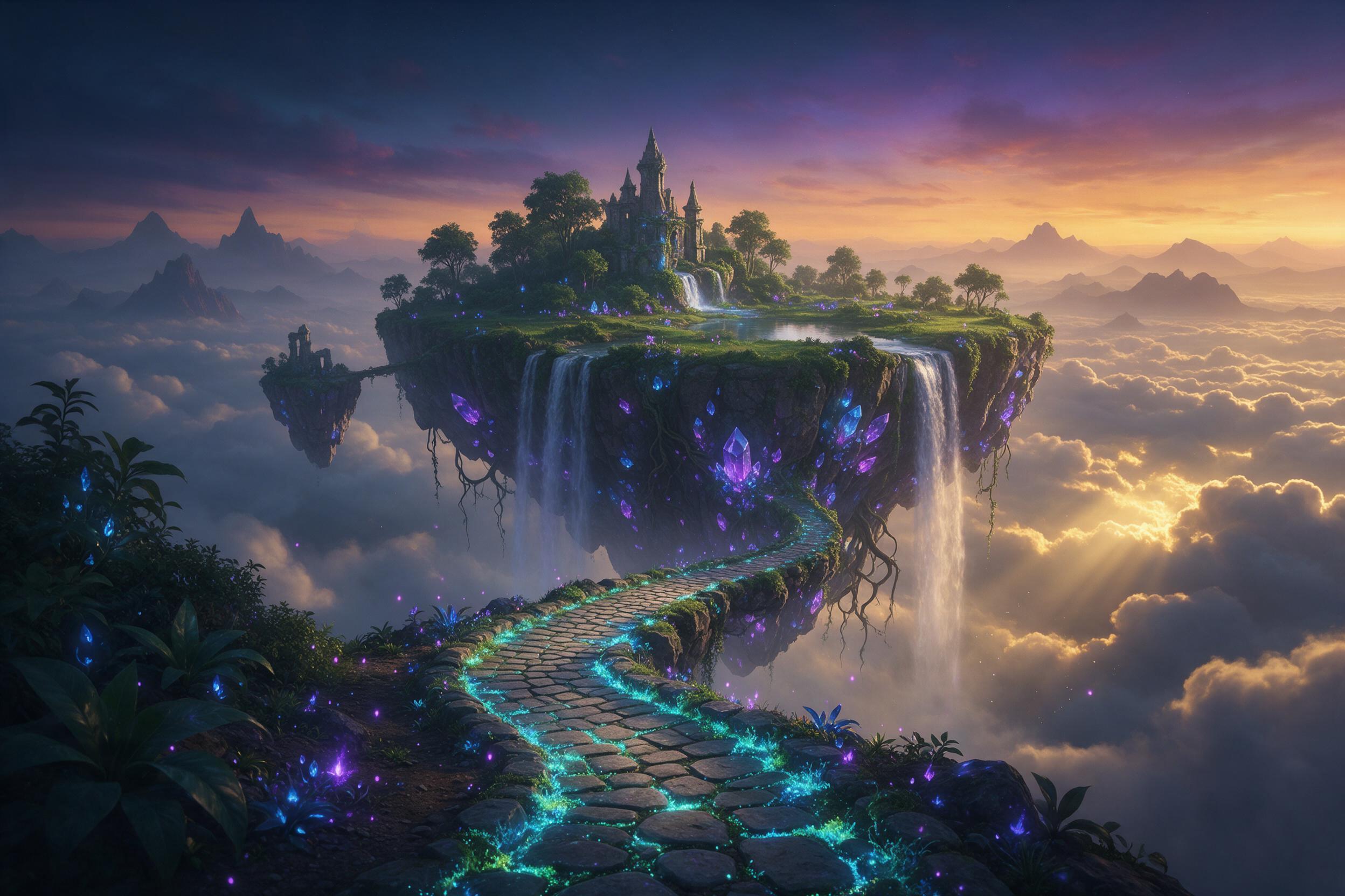 A floating island at dusk, cascading waterfalls wrapping around its base, glowing purple and blue magical crystals embedded in the cliffs. Below, misty clouds with faint golden light piercing through, distant mountain silhouettes. Foreground shows a winding stone path with glowing moss. Vibrant, eth