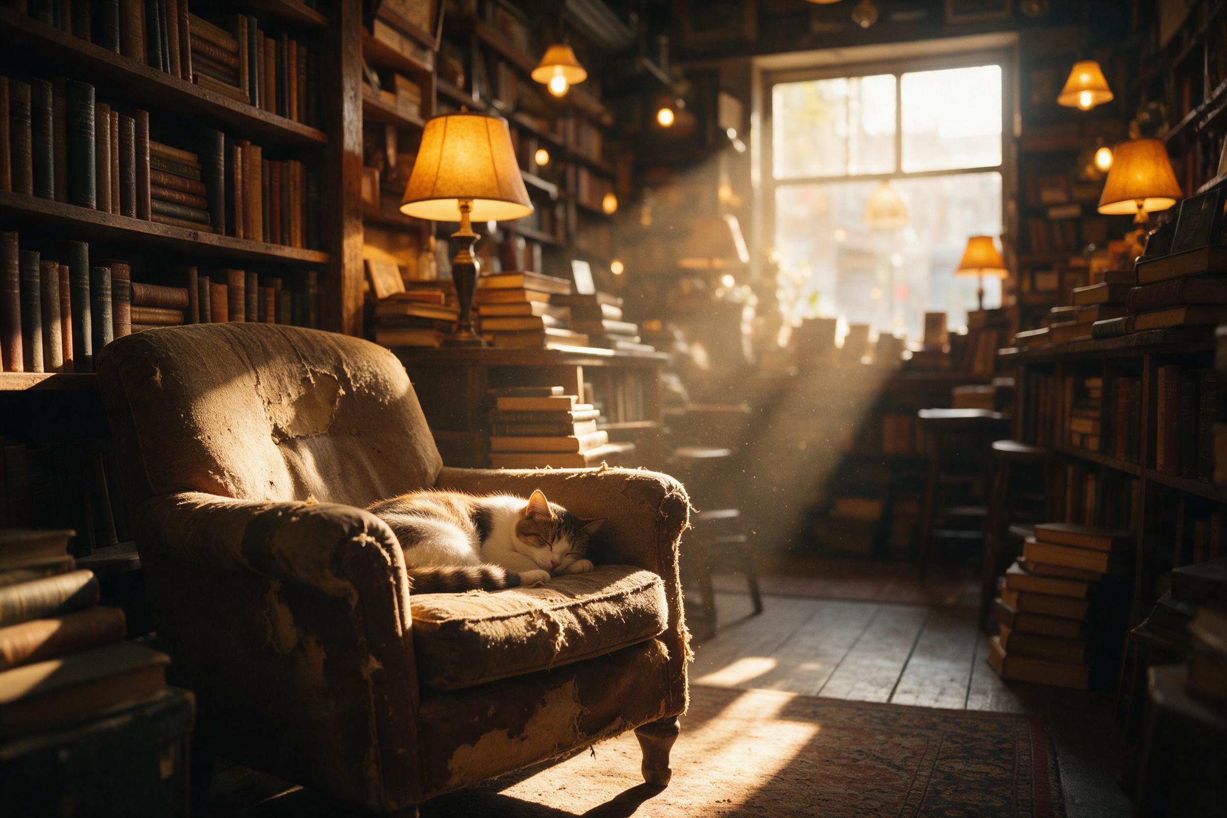 A cozy bookshop interior with warm glowing lamps, wooden shelves stacked with vintage books, a cat napping on a worn armchair, dust motes floating in golden afternoon light streaming through a large window, soft focus background, natural lighting, slight grain.