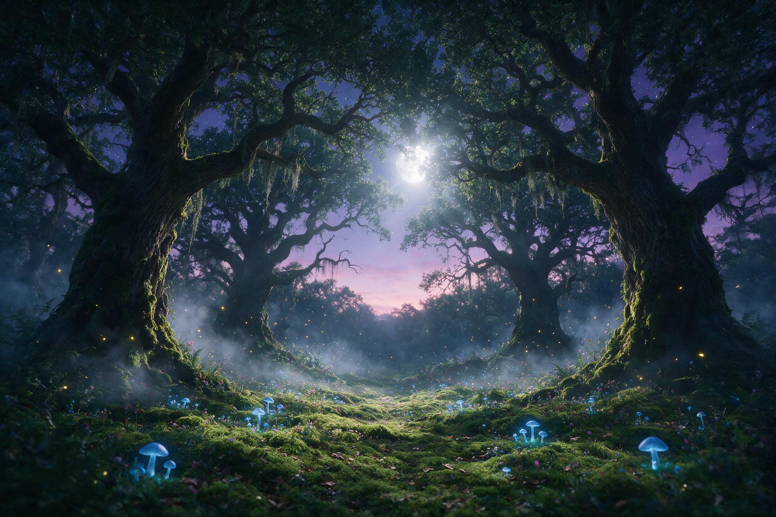 A mystical forest clearing at twilight, glowing blue mushrooms dot the mossy ground, a faint ethereal mist swirls around ancient oak trees, moonlight filters through the canopy, creating soft silver beams, fireflies float in the air, subtle camera lens flare, dreamlike atmosphere with natural lighti