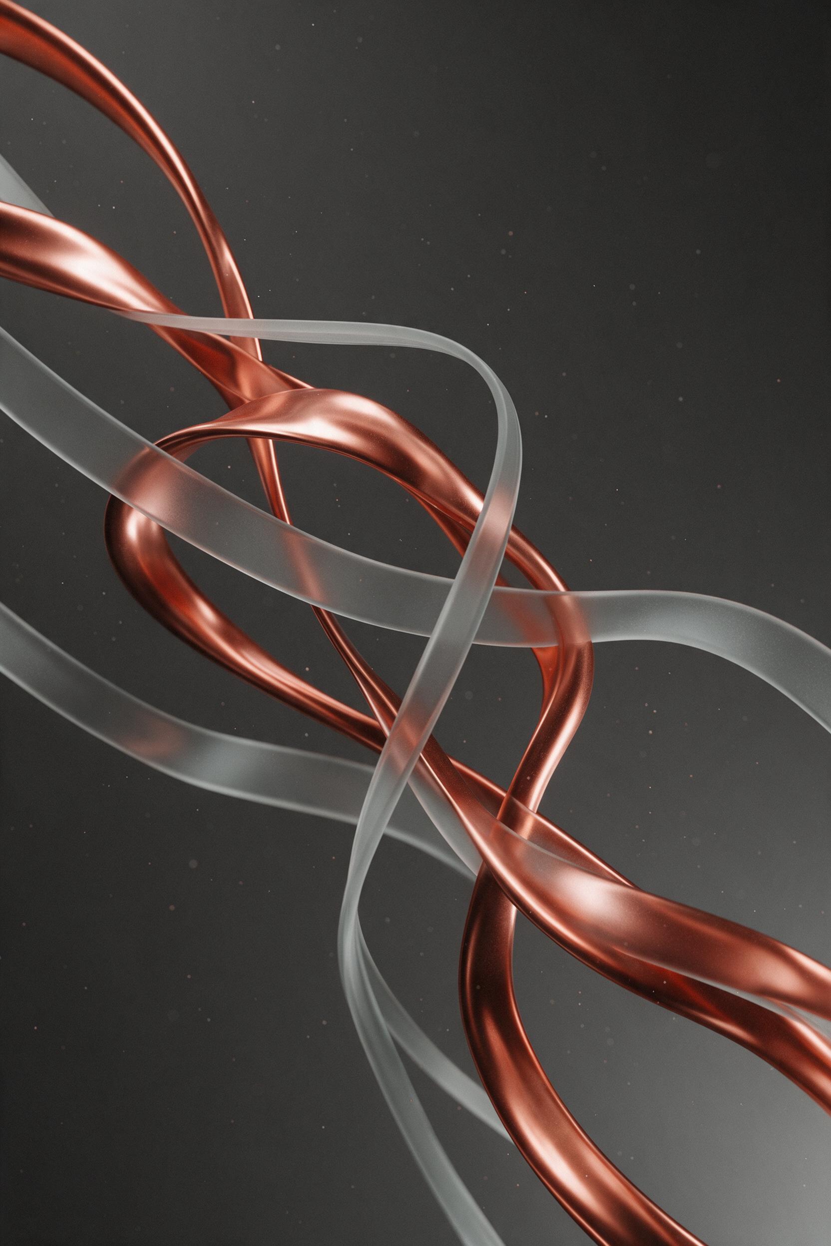 A minimalist abstract composition of flowing molten copper and frosted glass ribbons, intertwining against a matte charcoal background. Soft directional light creates subtle reflections, while fine dust particles float in the air, adding depth. The texture is smooth yet tactile, with a slightly grai