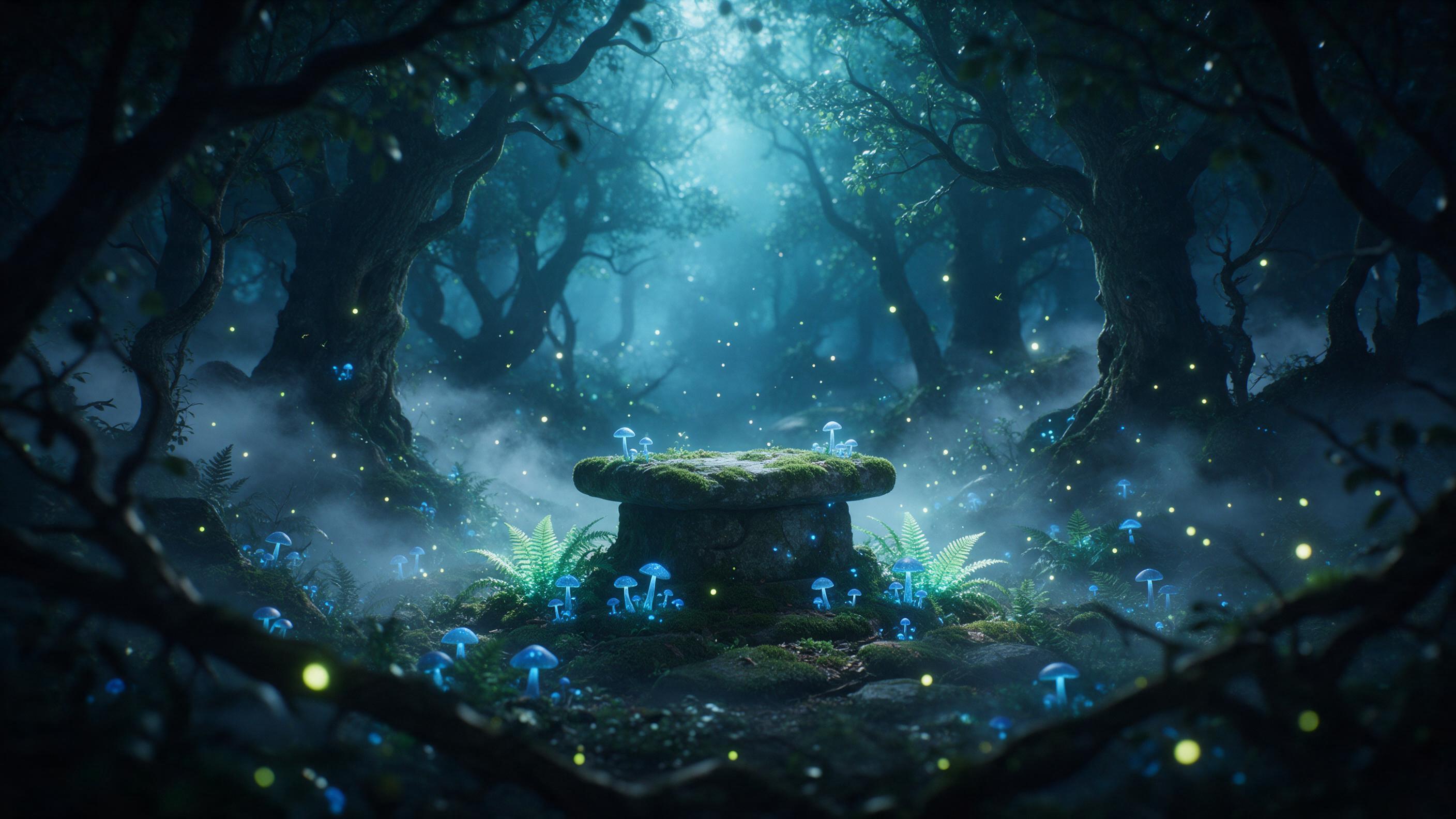 A moonlit enchanted forest clearing, bioluminescent blue mushrooms and glowing ferns around a moss-covered stone altar, silver mist weaving between ancient gnarled trees, fireflies drifting like tiny lanterns, soft cyan light from the canopy above, shallow depth of field with foreground branches fra
