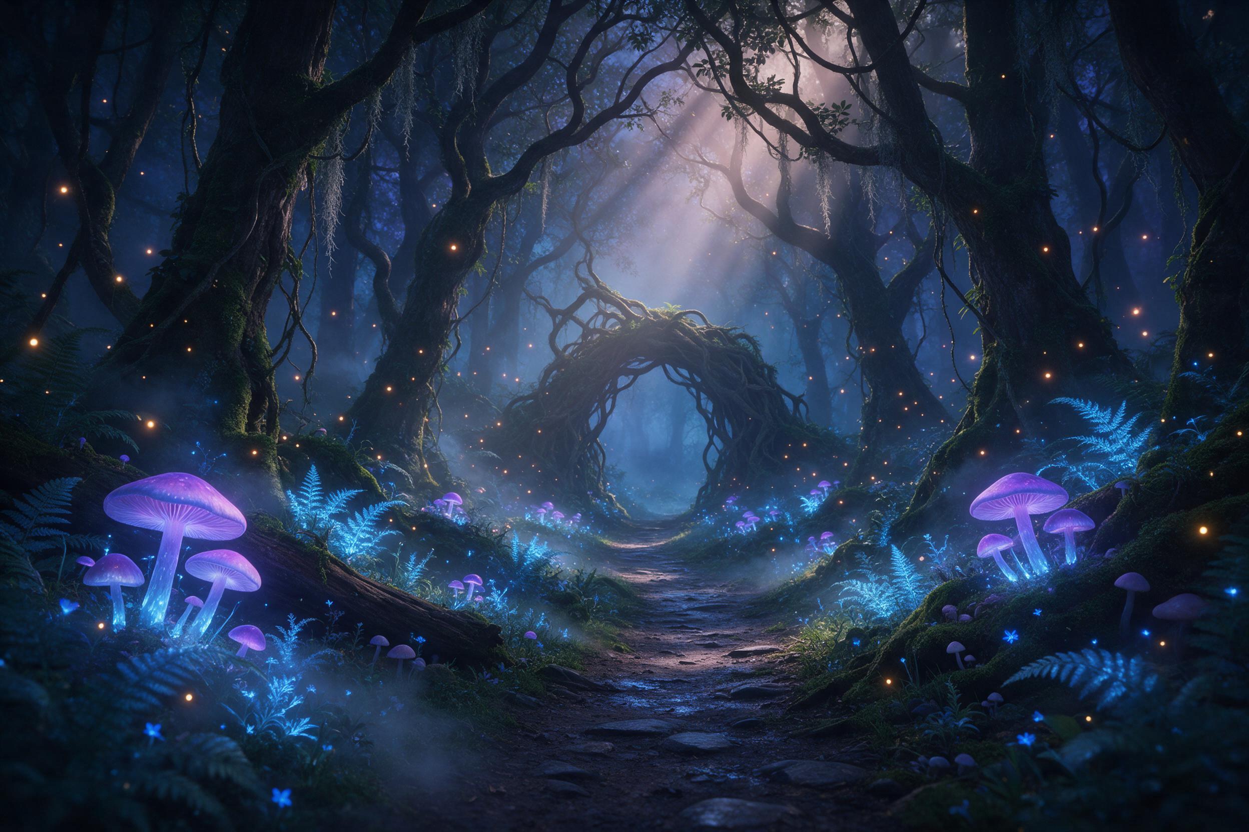A misty twilight forest with bioluminescent mushrooms and glowing blue ferns, a narrow winding path leading to a distant archway of ancient twisted roots, soft volumetric god rays filtering through gnarled branches, fireflies scattered like floating embers, rich emerald and indigo palette, ethereal 