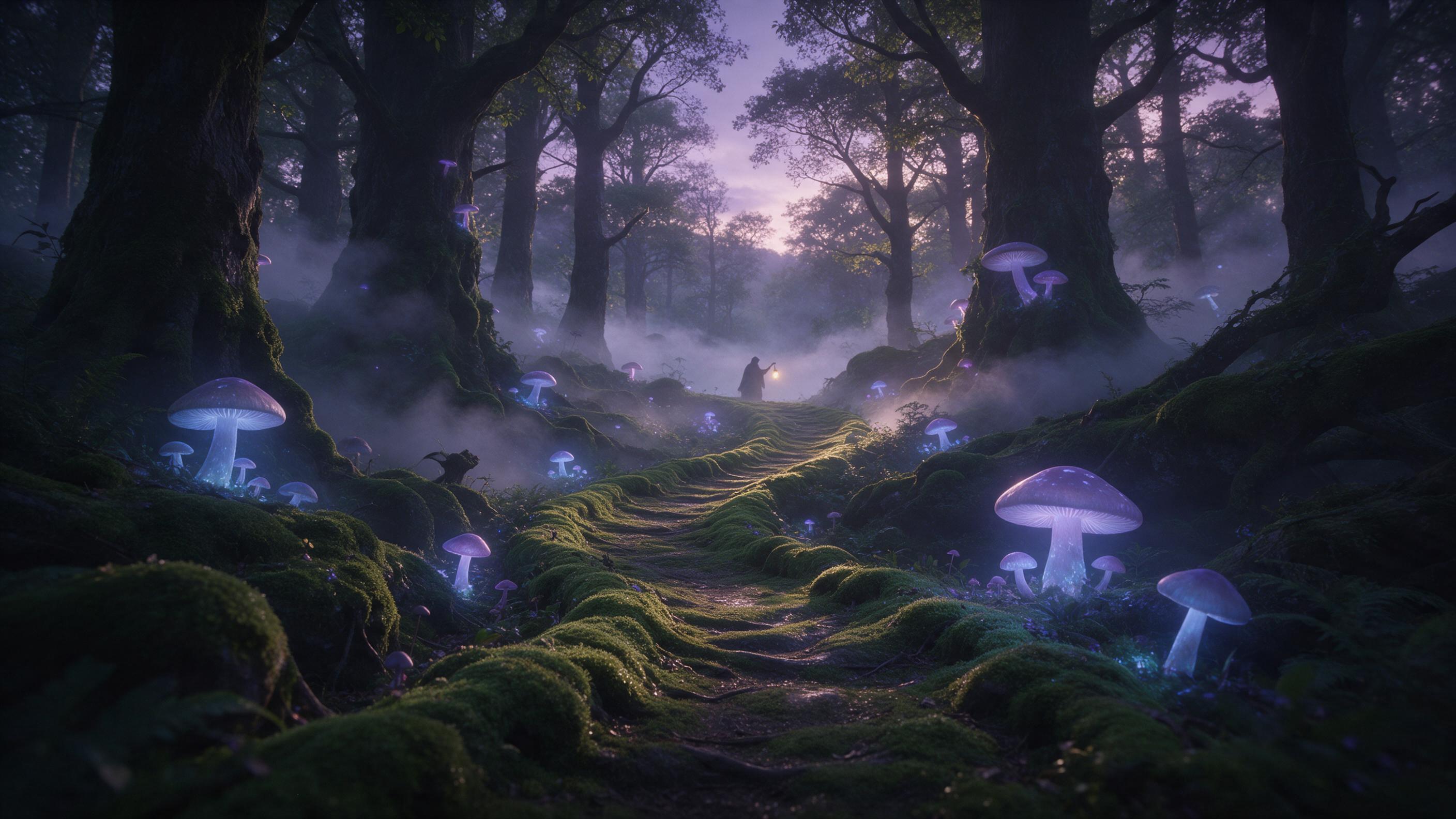 An ethereal forest at twilight, giant glowing mushrooms casting soft blue and violet light onto a winding moss-covered path, silver mist curling between ancient trees, a small silhouette of a cloaked figure holding a lantern in the distance, muted green and purple palette with a touch of golden glow