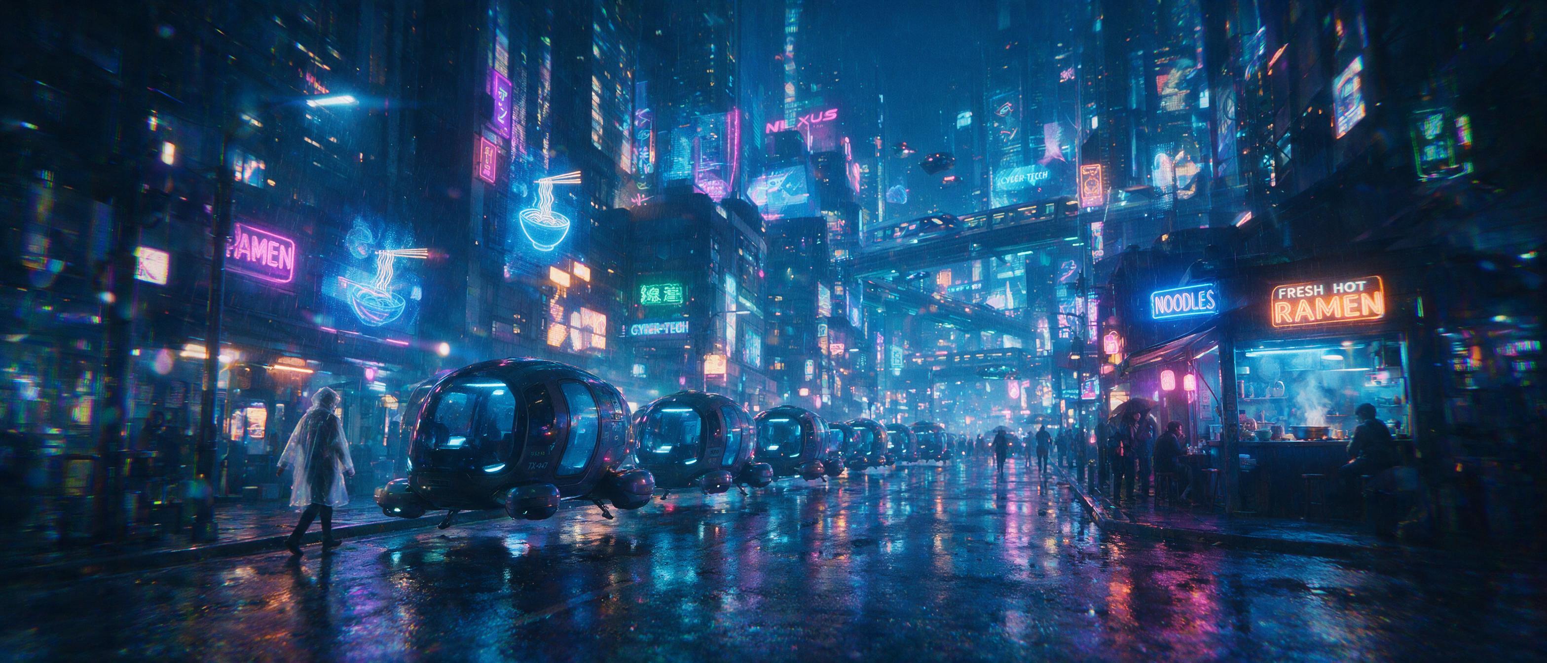 A neon-lit cyberpunk city street at night, rain-slicked asphalt reflecting holographic advertisements, a solitary figure in a translucent raincoat walks past a row of flying taxis, soft blue and pink light spills from a noodle shop, lens flare and slight chromatic aberration, shallow depth of field.