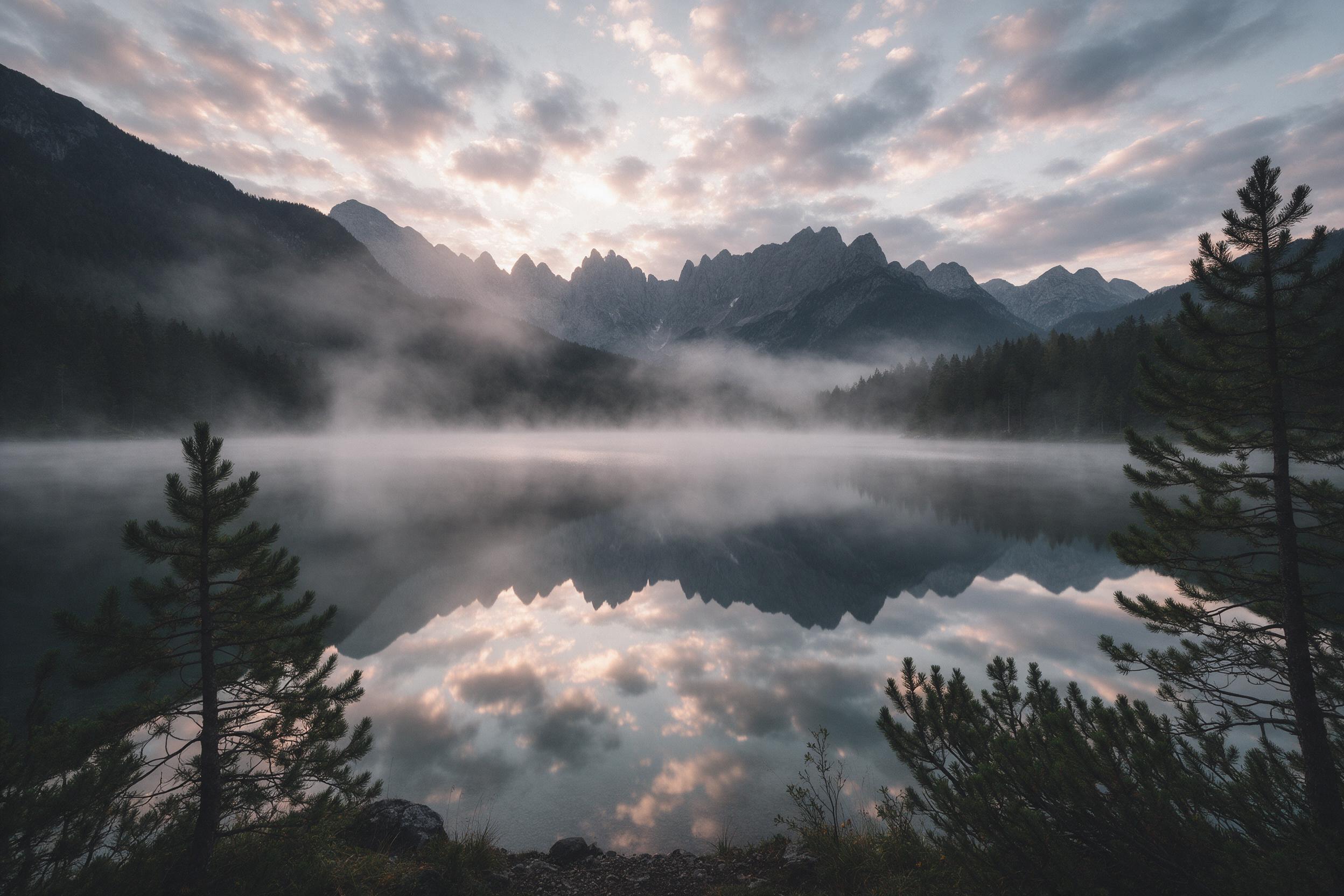 A quiet alpine lake at dawn, mist curling over glassy water, jagged peaks reflected in perfect symmetry, soft pink and gold light breaking through scattered clouds, pine trees framing the foreground, long exposure with silky water, subtle grain, muted natural colors