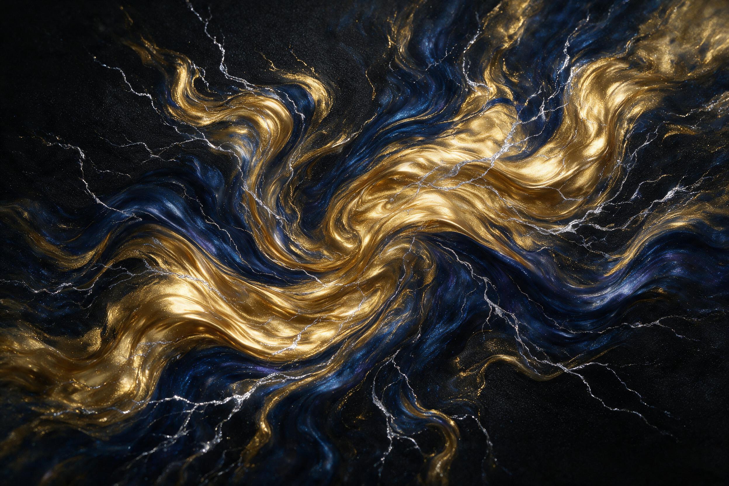 Fluid art of molten gold and deep indigo swirling in a cosmic dance, with delicate silver veins branching like lightning against a matte black background, soft diffused studio lighting from above, minimal shadows, slightly blurred edges for depth