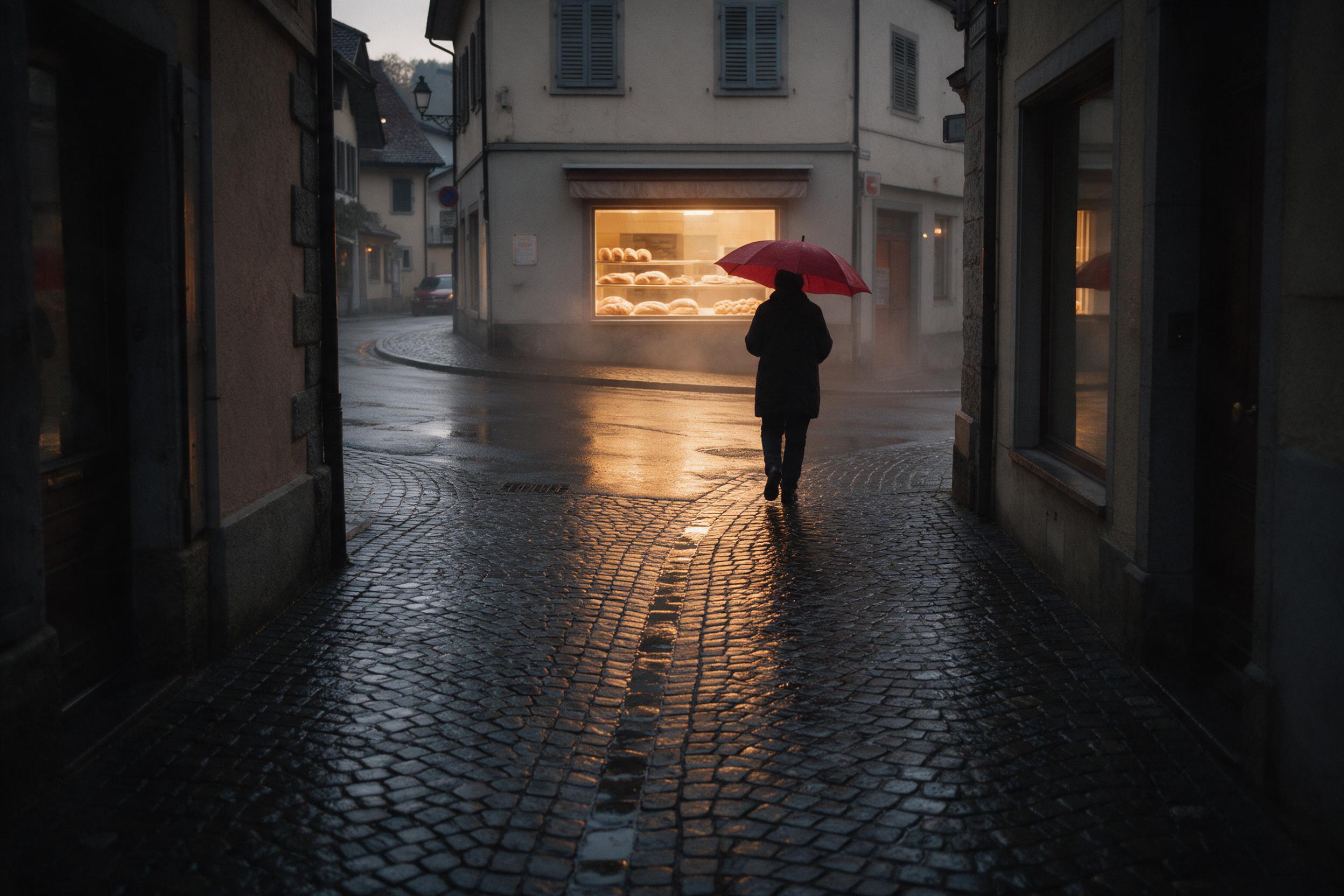 A cozy rain-soaked street corner at dusk in a small European town, warm yellow light spilling from a bakery window onto wet cobblestones, a lone figure with a red umbrella walking away, soft reflections, slight mist in the air, cinematic composition with leading lines from the street, natural overca
