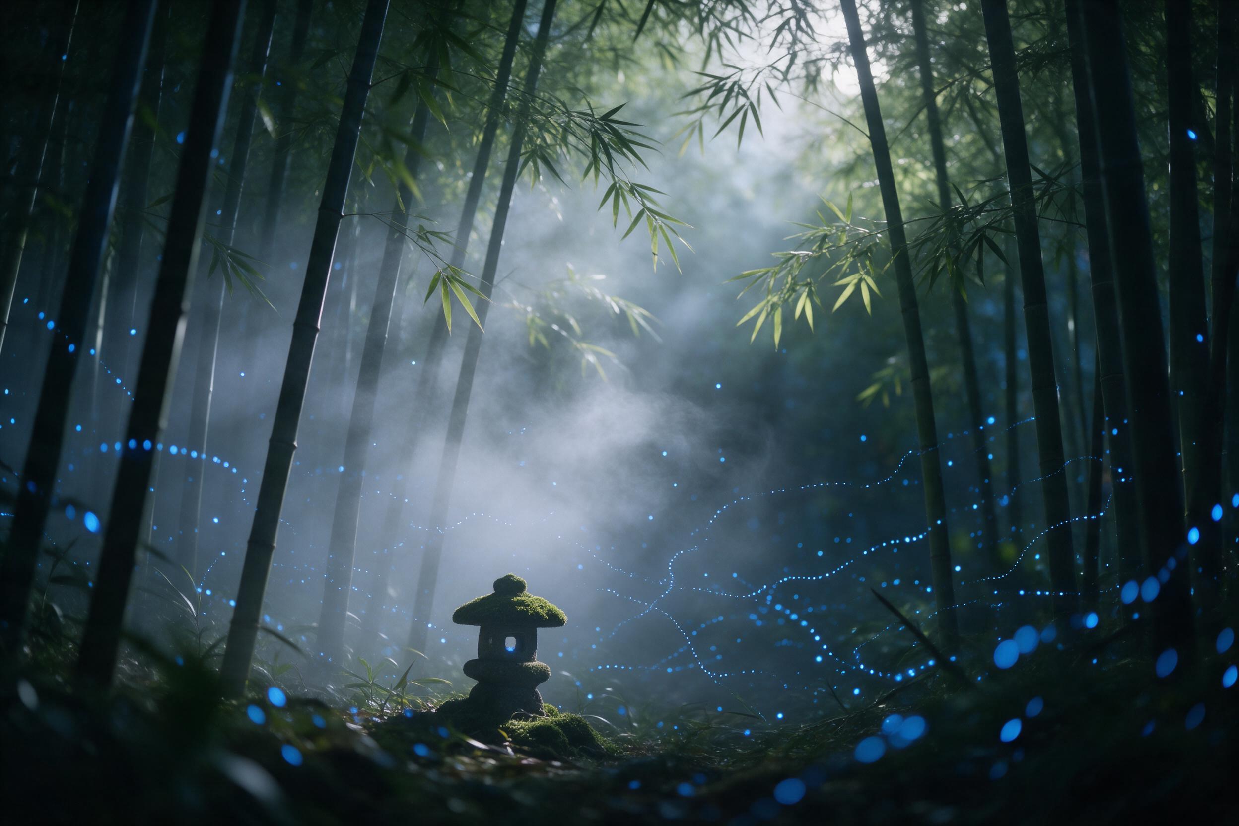 A misty, moonlit bamboo forest, glowing blue fireflies forming swirling trails, a small stone lantern covered in moss, ethereal silver mist weaving between stalks, soft volumetric light filtering through leaves, shallow depth of field, slightly desaturated color palette