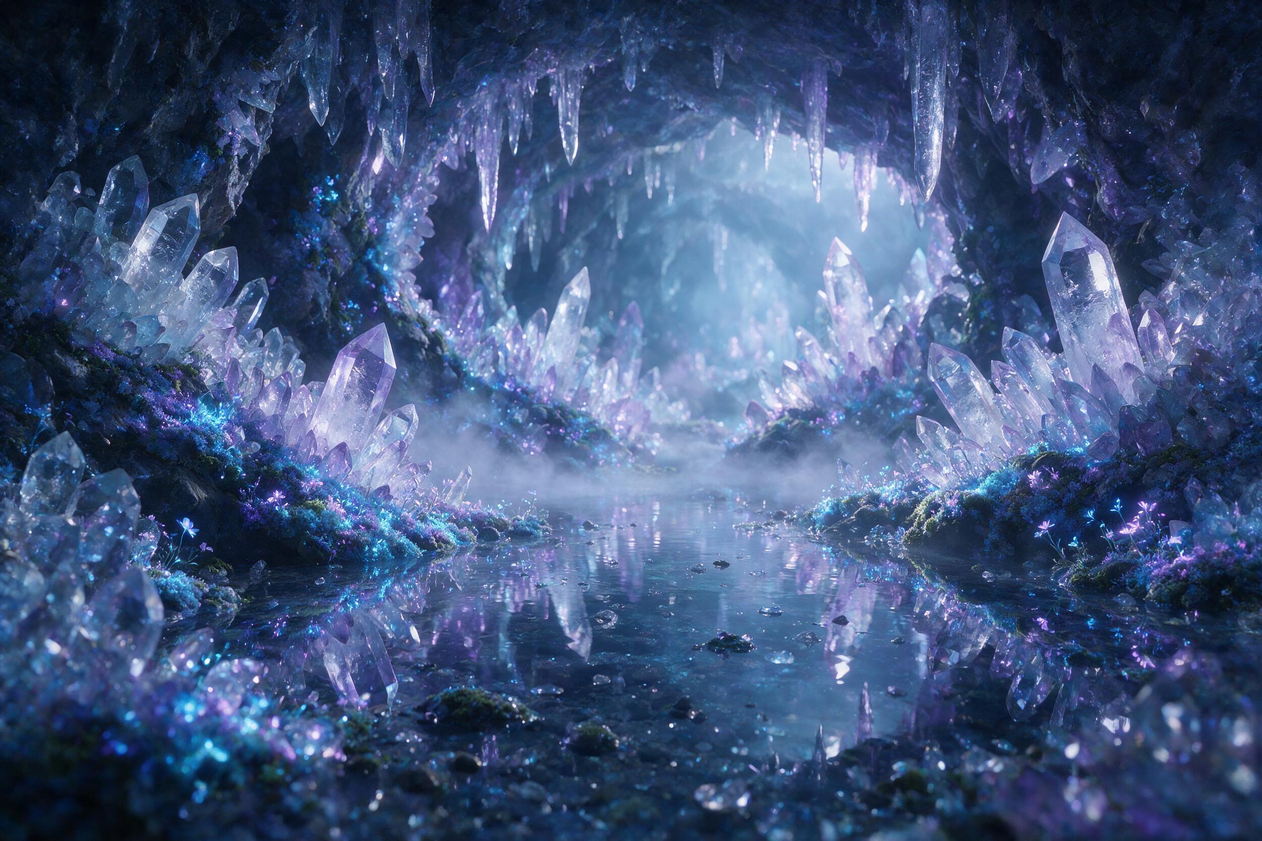 A luminous crystal cave deep underground, bioluminescent moss clinging to jagged quartz walls, soft blue and purple light refracted through ice-clear crystals, a small pool of still water reflecting the glow, slight mist hovering, ethereal atmosphere, shallow depth of field focusing on the foregroun