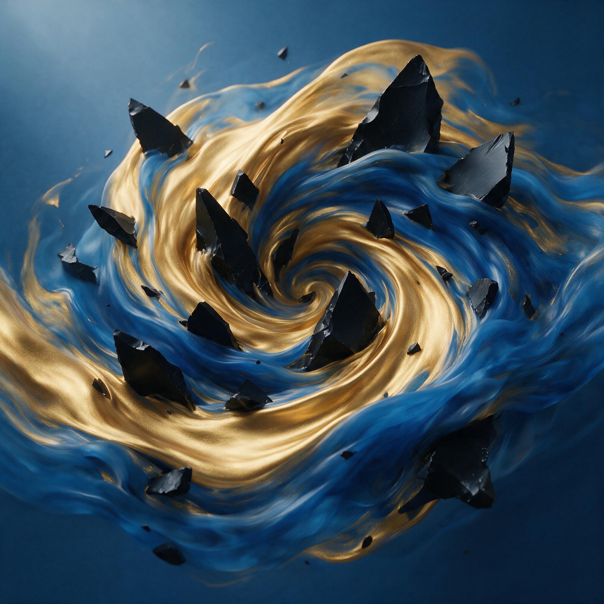 A swirling vortex of molten gold and deep cerulean blue, flowing like liquid silk, with sharp geometric shards of obsidian black piercing through the fluid, soft gradient light from top left, minimalist composition, no faces, no text, matte finish