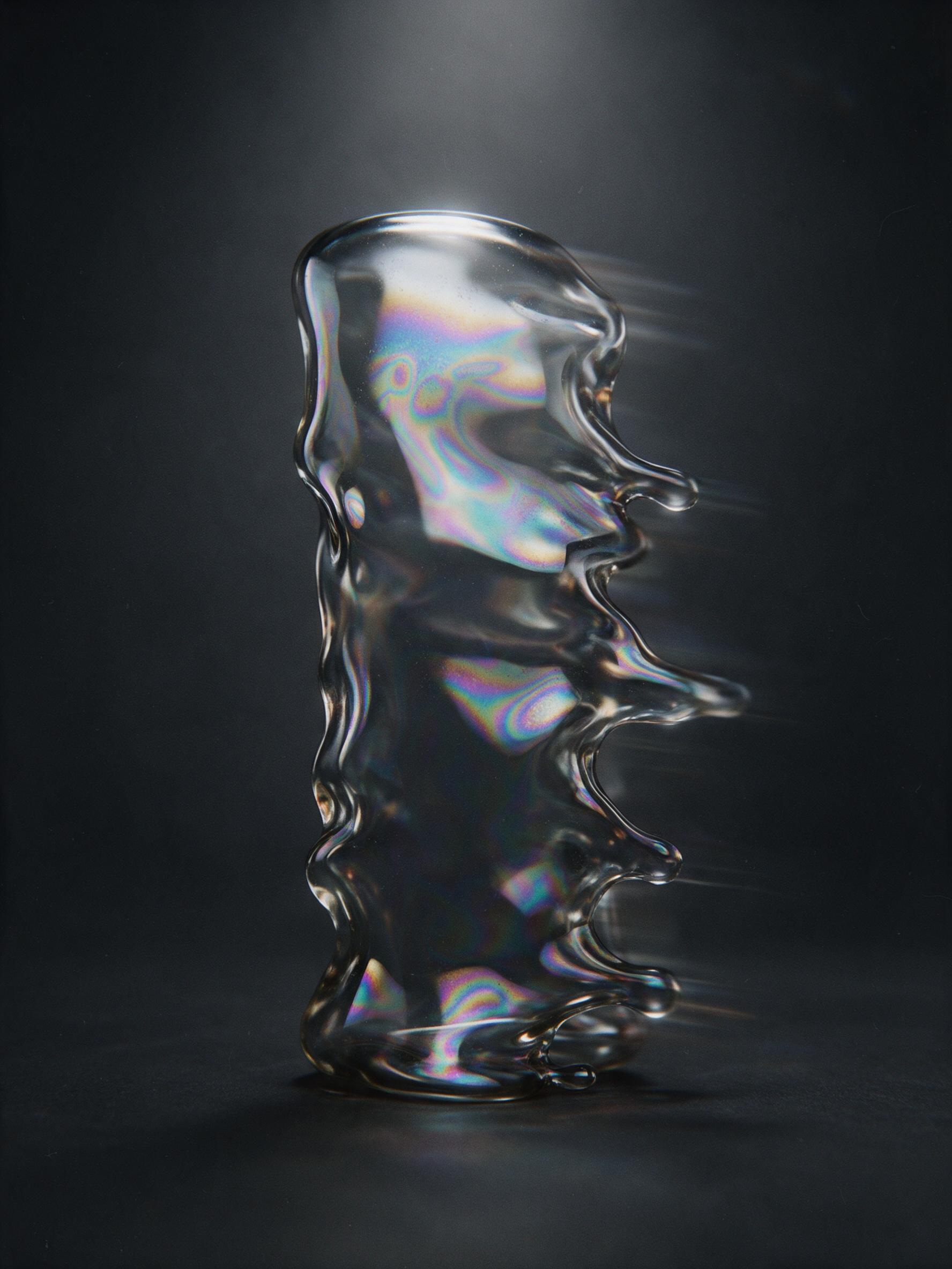 A macro shot of a melting glass sculpture, iridescent oil-slick colors swirling on its surface, dark matte black background, single soft spot from above creating a subtle reflection, slight motion blur on the trailing edge, minimalist composition, subtle film grain and slight lens flare, no text or 