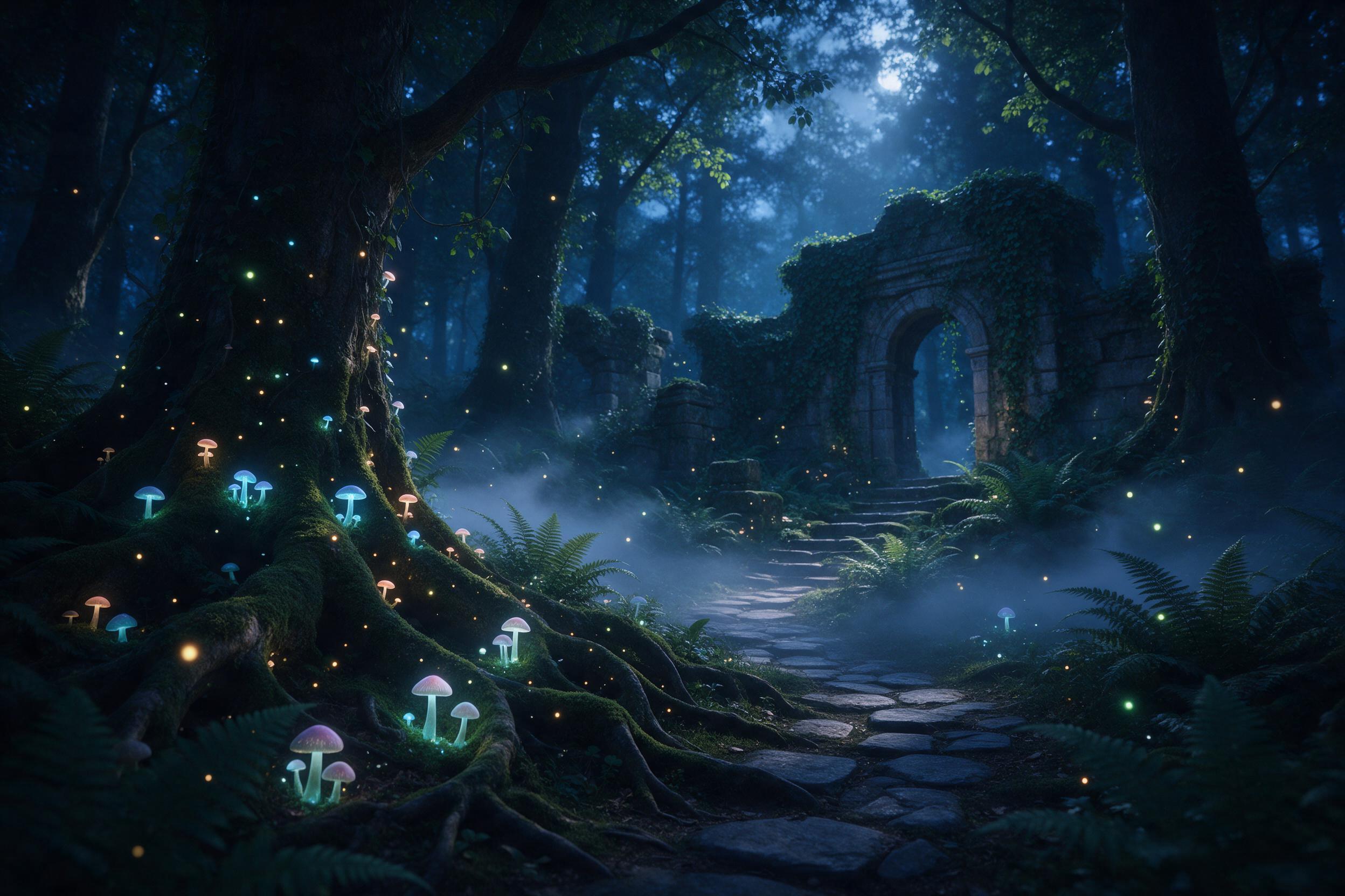 Enchanted forest clearing at blue hour, bioluminescent mushrooms and floating glowing spores illuminating mossy tree roots, a winding stone path leading to ancient ruins half-swallowed by ivy, soft mist rolling between ferns, dappled moonlight filtering through canopy, perspective eye-level with fer
