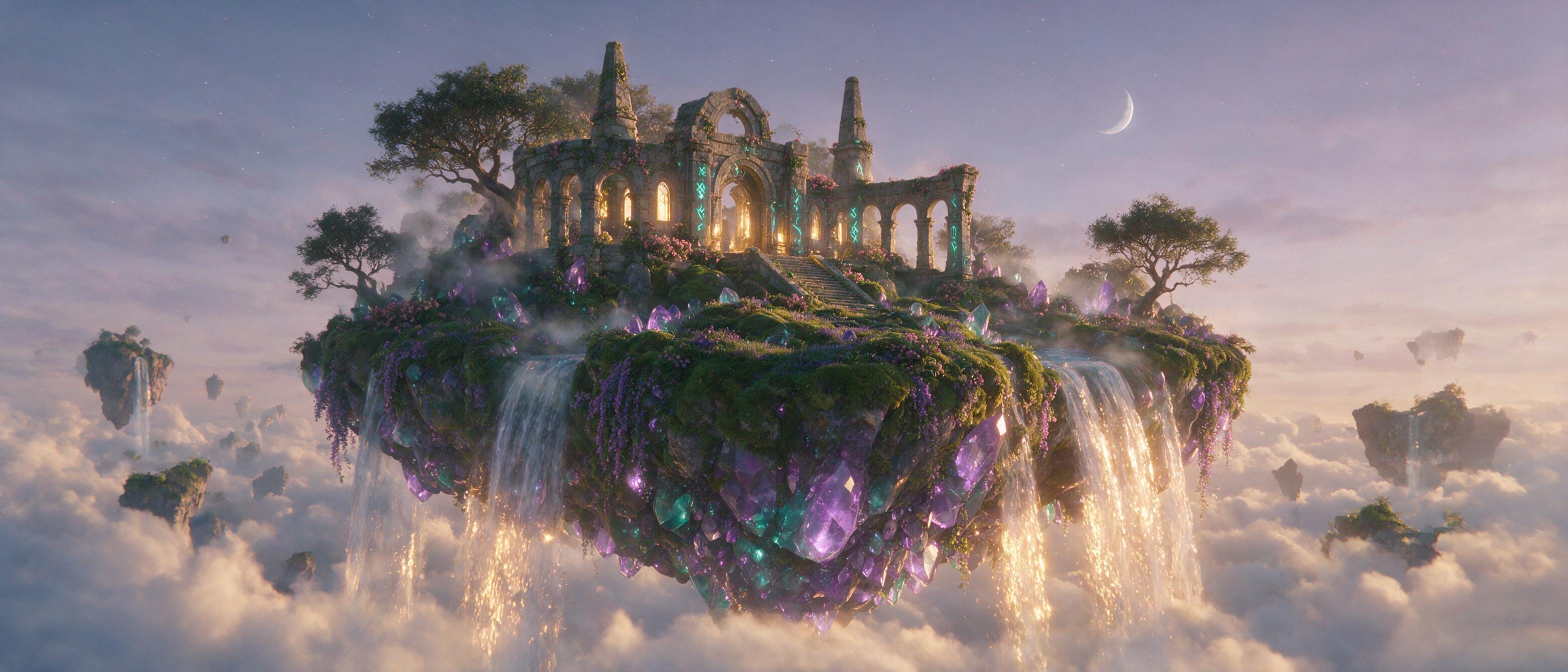 A floating crystal island at dusk, lavender and teal glow, waterfalls cascading into clouds, ancient stone ruins with glowing runes, warm golden light from below, distant floating islands, soft mist, cinematic composition