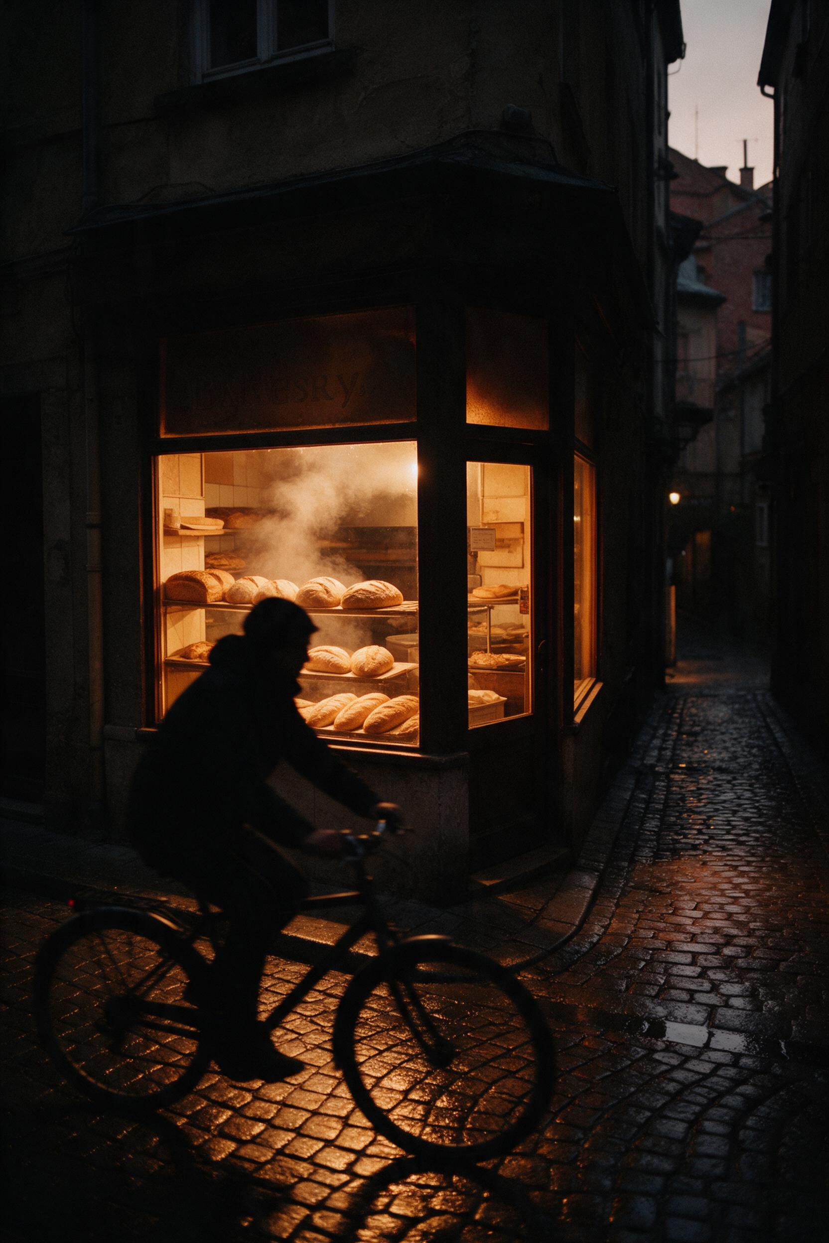 A narrow old town alley at dusk, warm glow spilling from a corner bakery, steam rising from fresh bread, cobblestones wet from recent rain reflecting amber light, a silhouette of a cyclist passing by, slight motion blur, film grain, moody atmosphere.