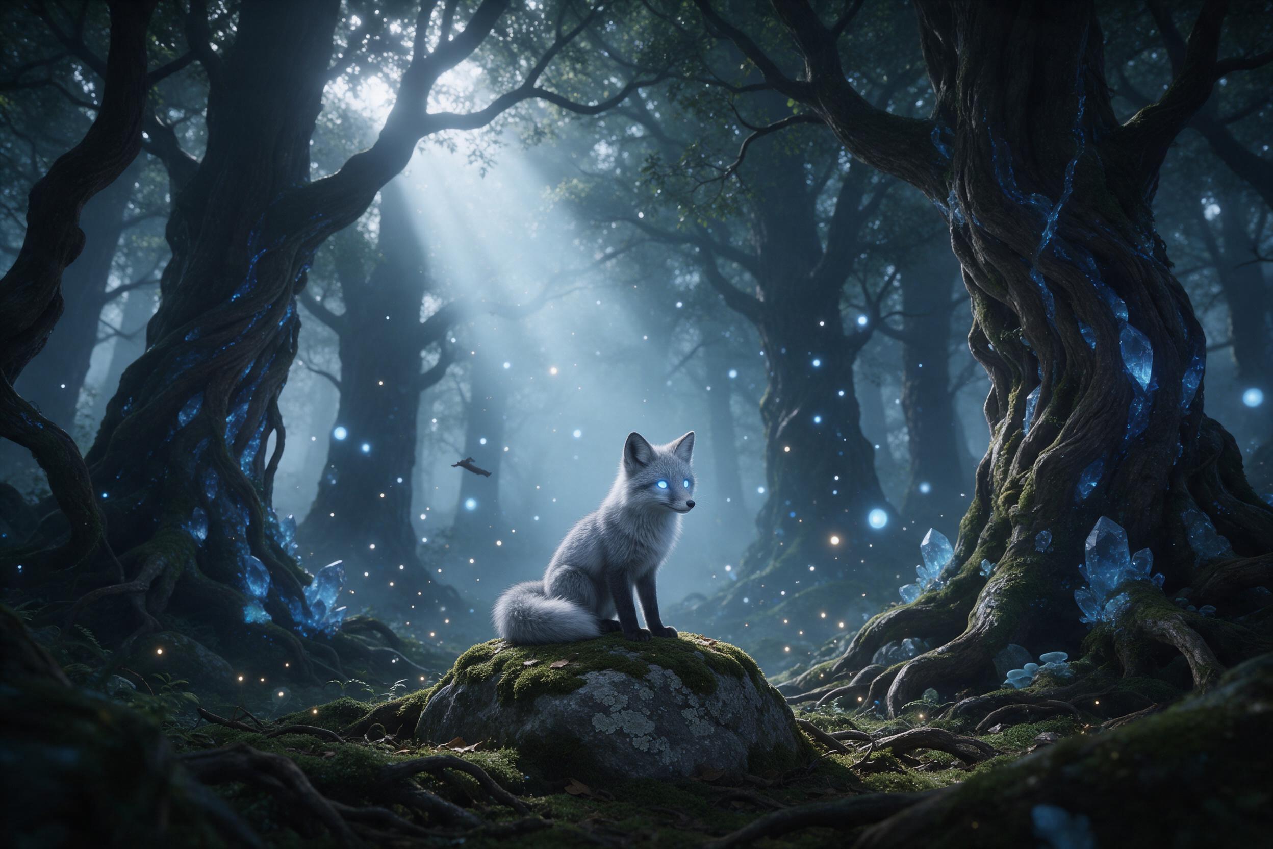 A misty ancient forest at dawn, where colossal twisted trees intertwine with glowing blue crystal veins. A small fox with silver fur and luminous eyes sits on a mossy stone, surrounded by floating, softly glowing spores. Light beams filter through the canopy in a volumetric haze, casting long shadow
