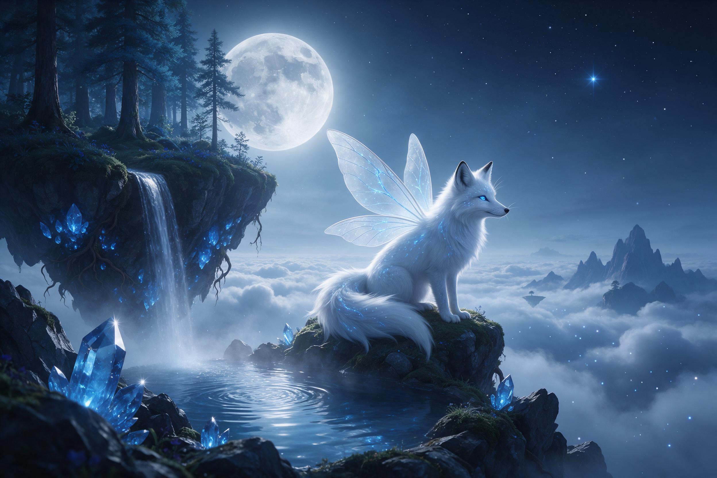 A moonlit floating island with a tiny waterfall cascading into misty clouds, glowing blue crystals along its edges. An ethereal fox with translucent wings perched on a rock, overlooking a sea of stars below. Soft silver light, dreamy atmosphere, gentle motion blur on water.