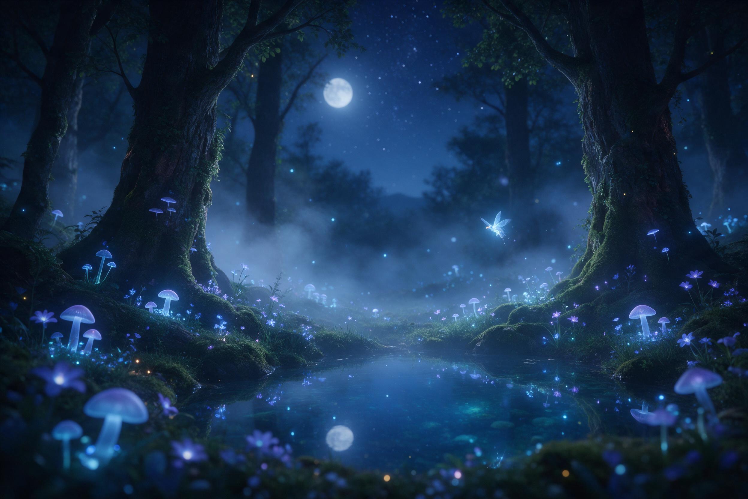 A moonlit forest clearing where bioluminescent mushrooms and flowers glow in soft blue and violet, a gentle mist drifts between ancient, moss-covered trees. A small, luminous winged creature hovers near a crystal-clear pond, reflecting the starry sky above. The scene is tranquil, with smooth bokeh i