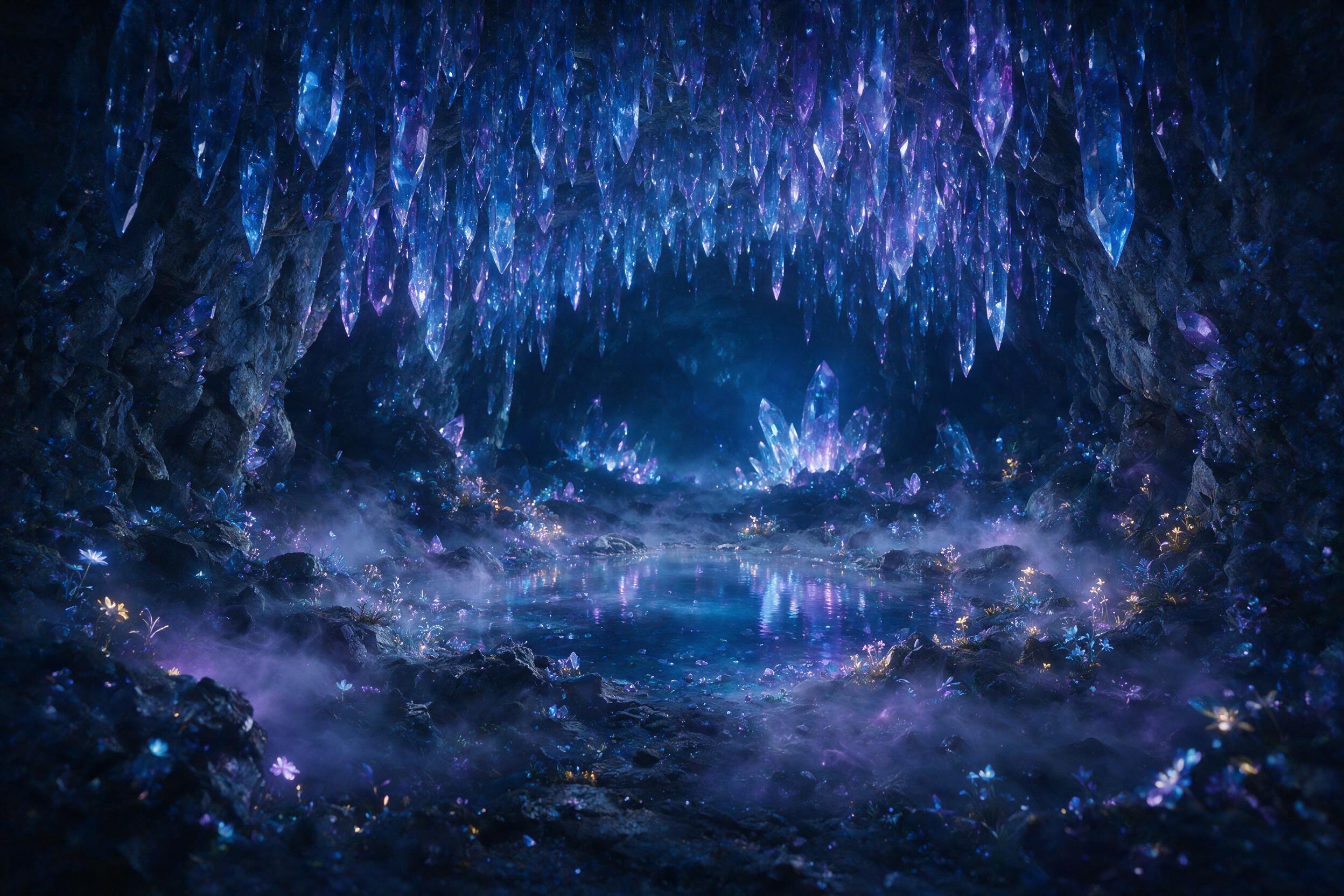 A luminous crystal cave with glowing blue and purple stalactites, a small pool of still water reflecting the light, ethereal mist swirling at ground level, soft bioluminescent flora dotting the rocky floor, cinematic composition with a wide-angle lens, natural ambient glow from the crystals, shallow