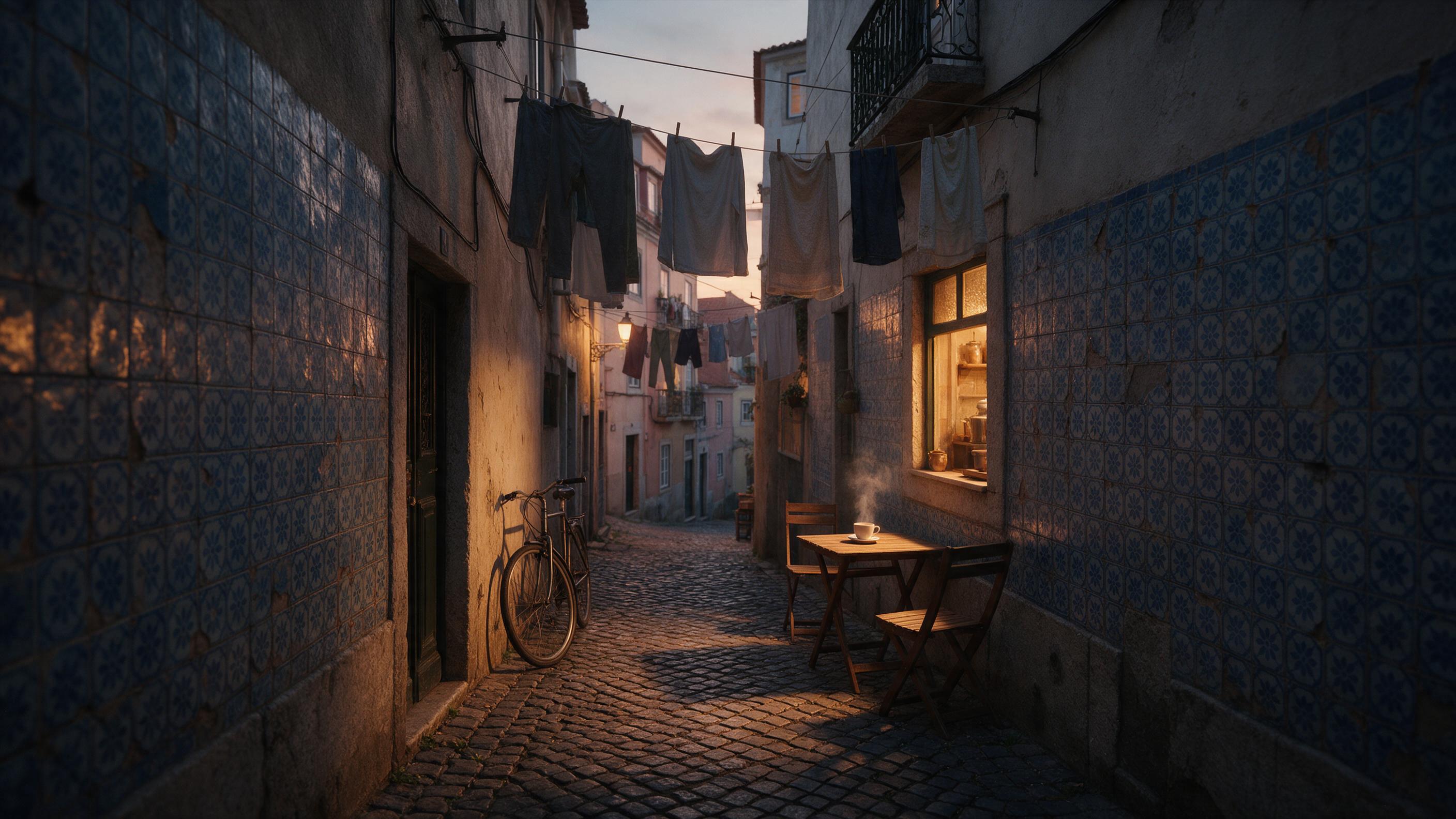 A narrow cobblestone alley in Lisbon at dusk, walls adorned with blue azulejo tiles peeling slightly, laundry lines overhead casting soft shadows, a lone bicycle propped against a textured plaster wall, warm tungsten light glowing from a small cafe window, gentle steam rising from a cup on a wooden 