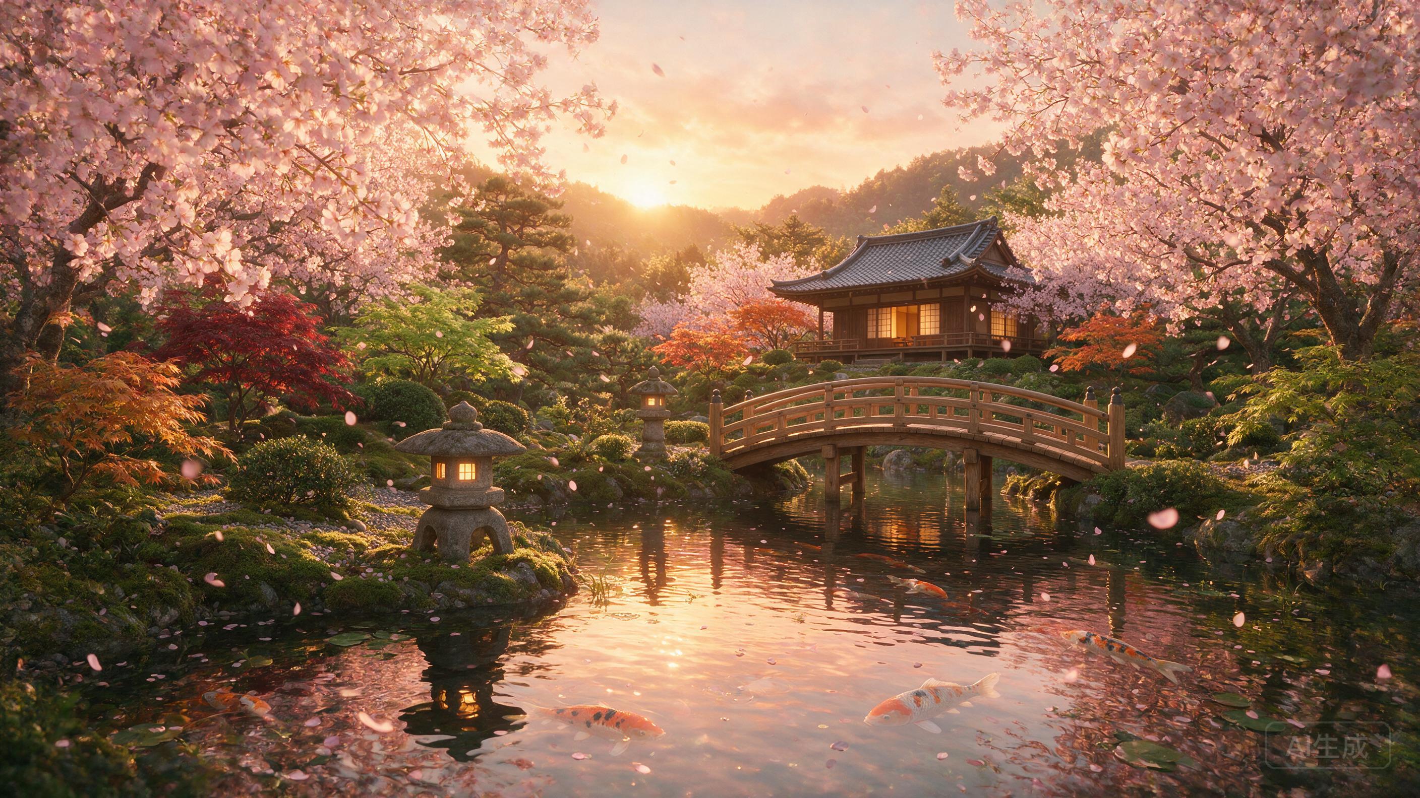 A serene Japanese garden at golden hour, cherry blossoms falling, koi pond reflecting warm light, digital art, 8K