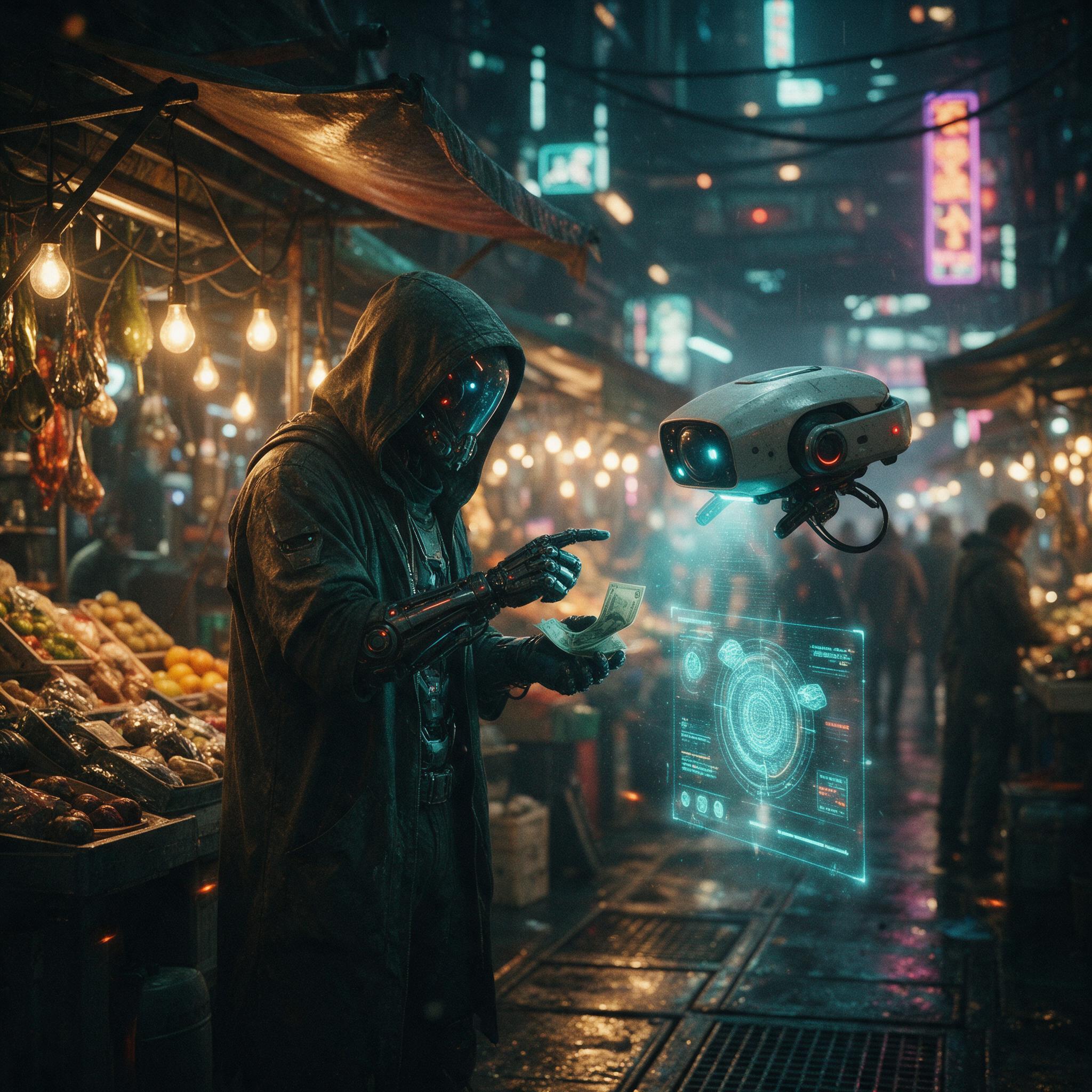 In a neon-lit underground market on a rain-soaked space station, a hooded cybernetic trader haggles with a floating drone. Warm tungsten lights from stalls mix with cool cyan holograms, casting reflections on wet metal floors. Slight motion blur and film grain evoke handheld realism. Central composi
