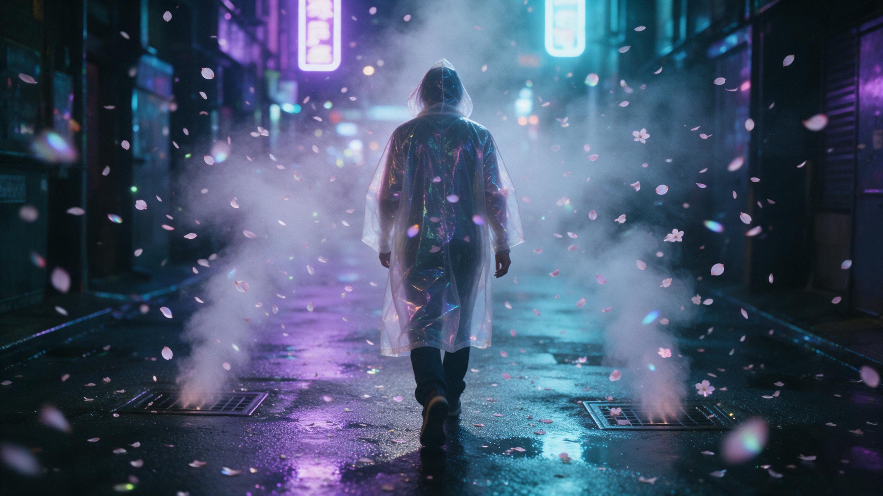 Rain-slicked neon alley, holographic cherry blossom petals drifting through steam vents, reflections of purple and cyan signage on wet asphalt, lone figure in translucent raincoat walking away, slight lens flare, film grain, shallow depth of field