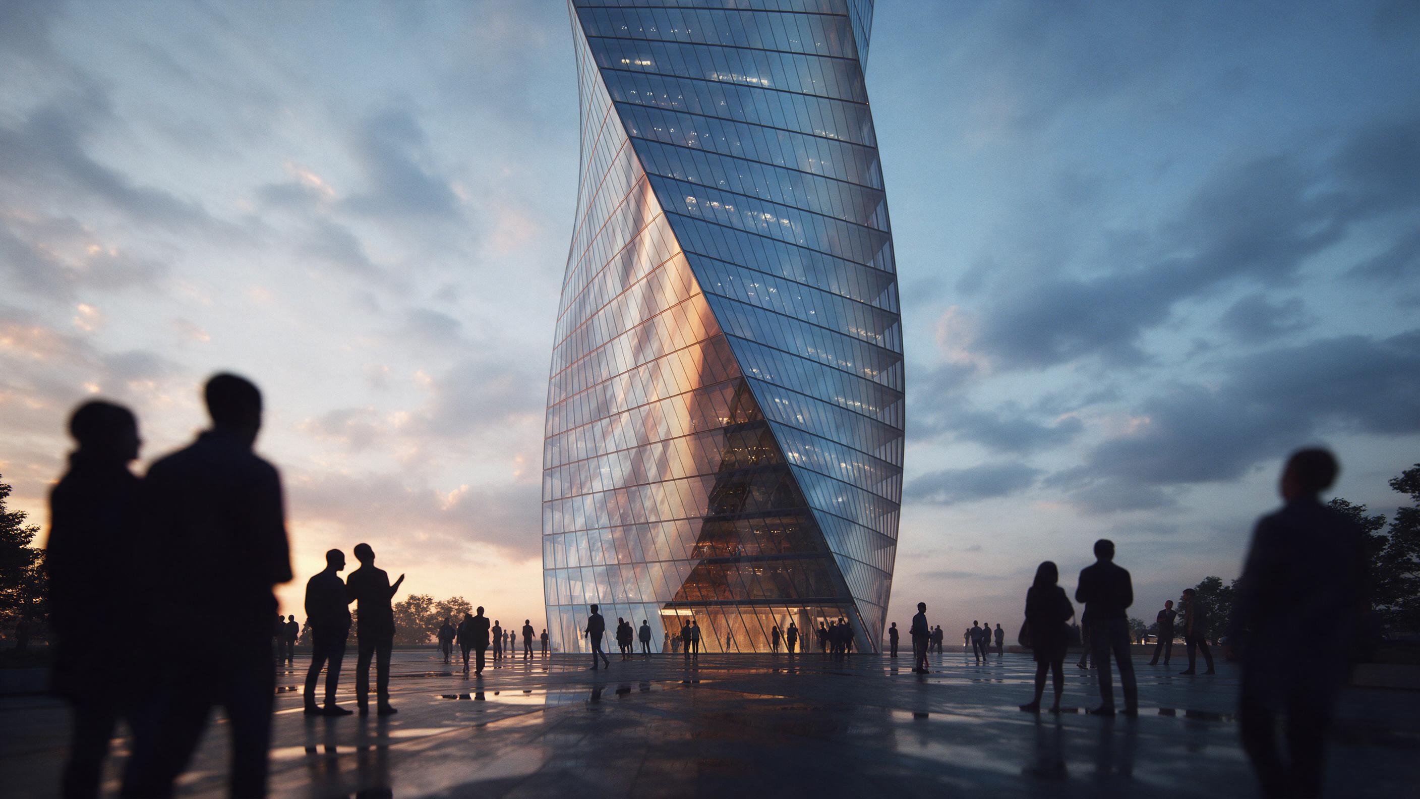 A view from below of a spiraling glass skyscraper at dusk, its facade reflecting warm orange sunset and cool blue clouds, people as silhouettes on a plaza with glistening wet pavement, shallow depth of field on the tower's edge, natural ambient light with slight haze